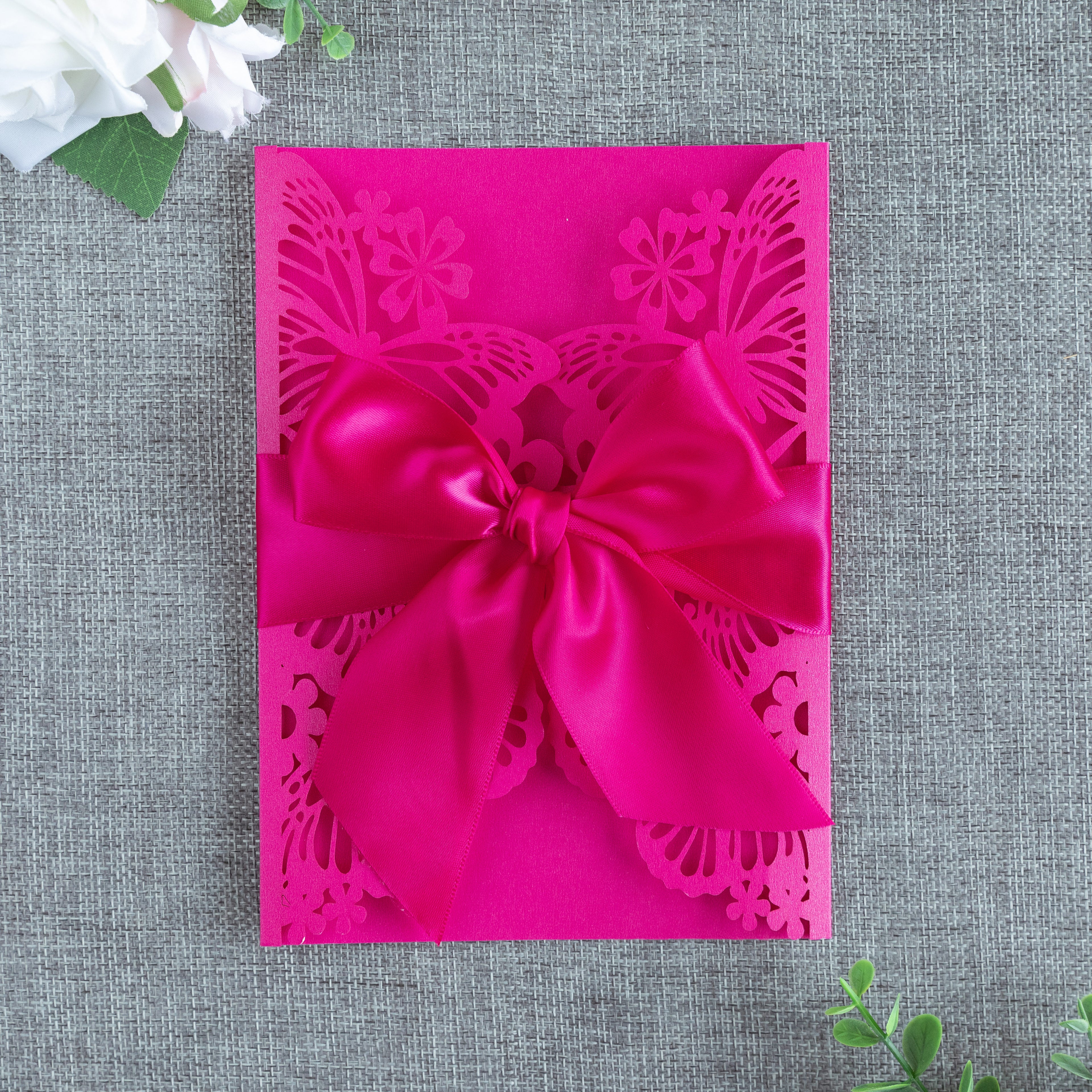 PONATIA Fuchsia Butterfly Quinceanera Invitation, Laser Cut Wedding Invitation Cards with Envelopes