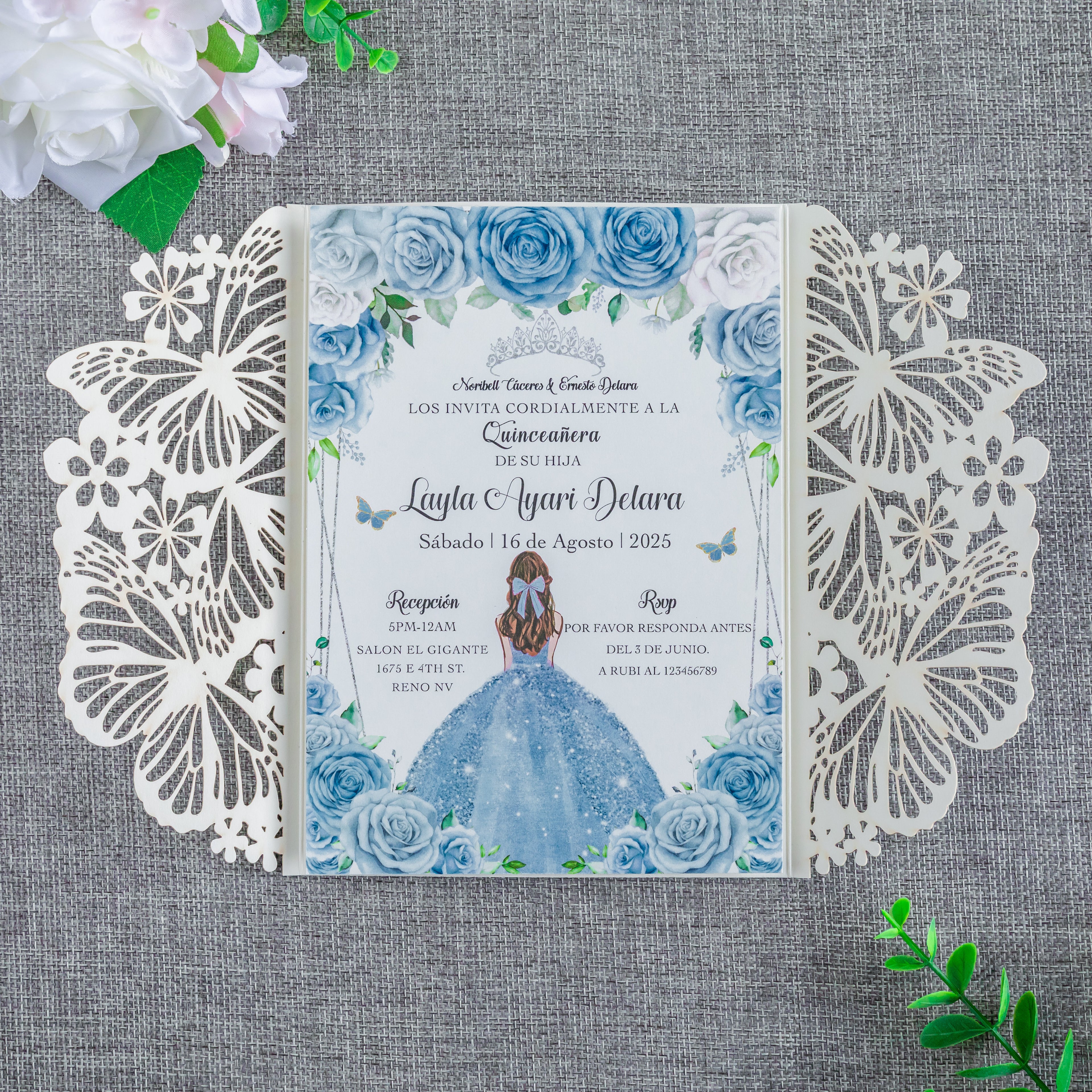 PONATIA Sliver Glitter Butterfly Quinceanera Invitation, Laser Cut Wedding Invitation Cards with Envelopes