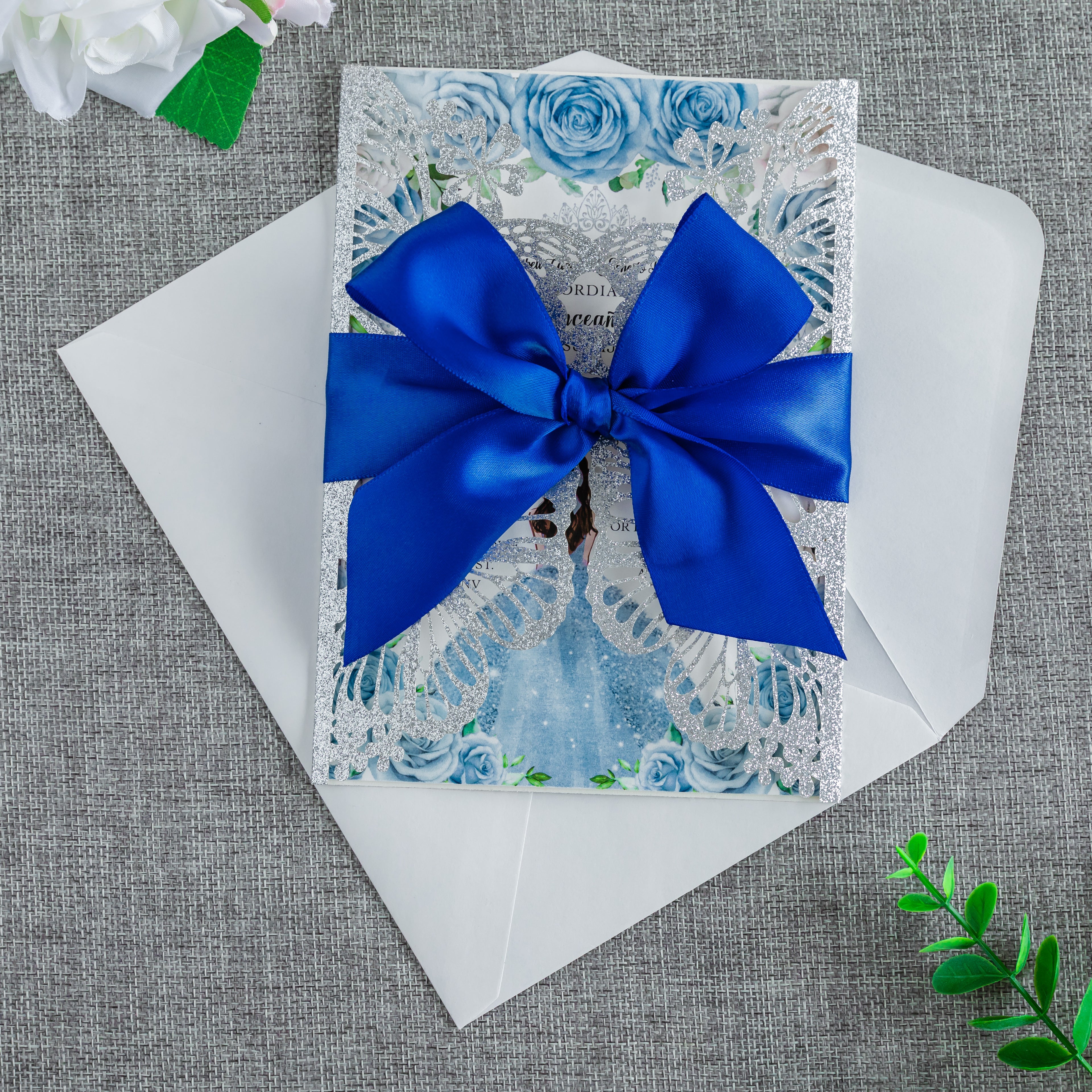 PONATIA Sliver Glitter Butterfly Quinceanera Invitation, Laser Cut Wedding Invitation Cards with Envelopes