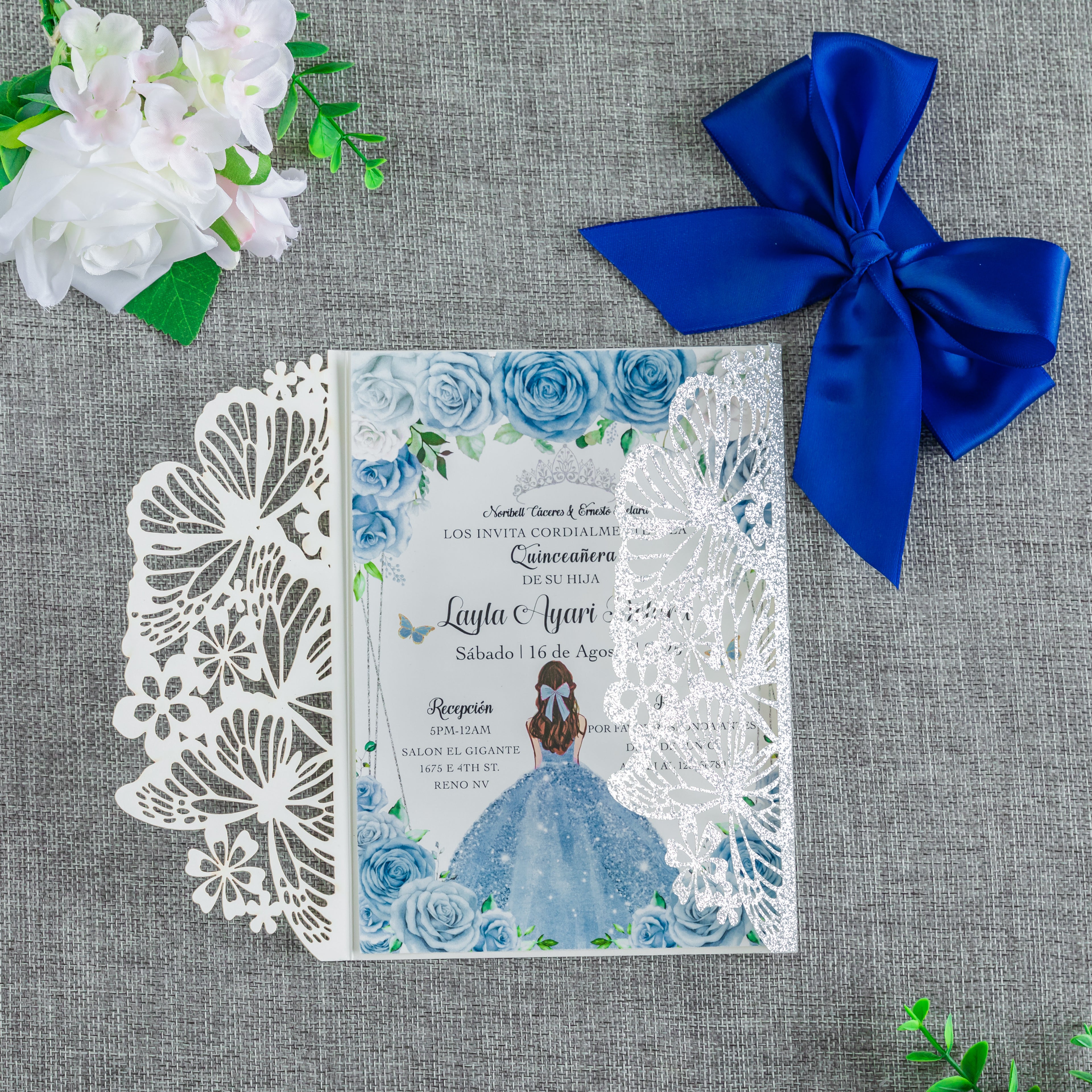 PONATIA Sliver Glitter Butterfly Quinceanera Invitation, Laser Cut Wedding Invitation Cards with Envelopes