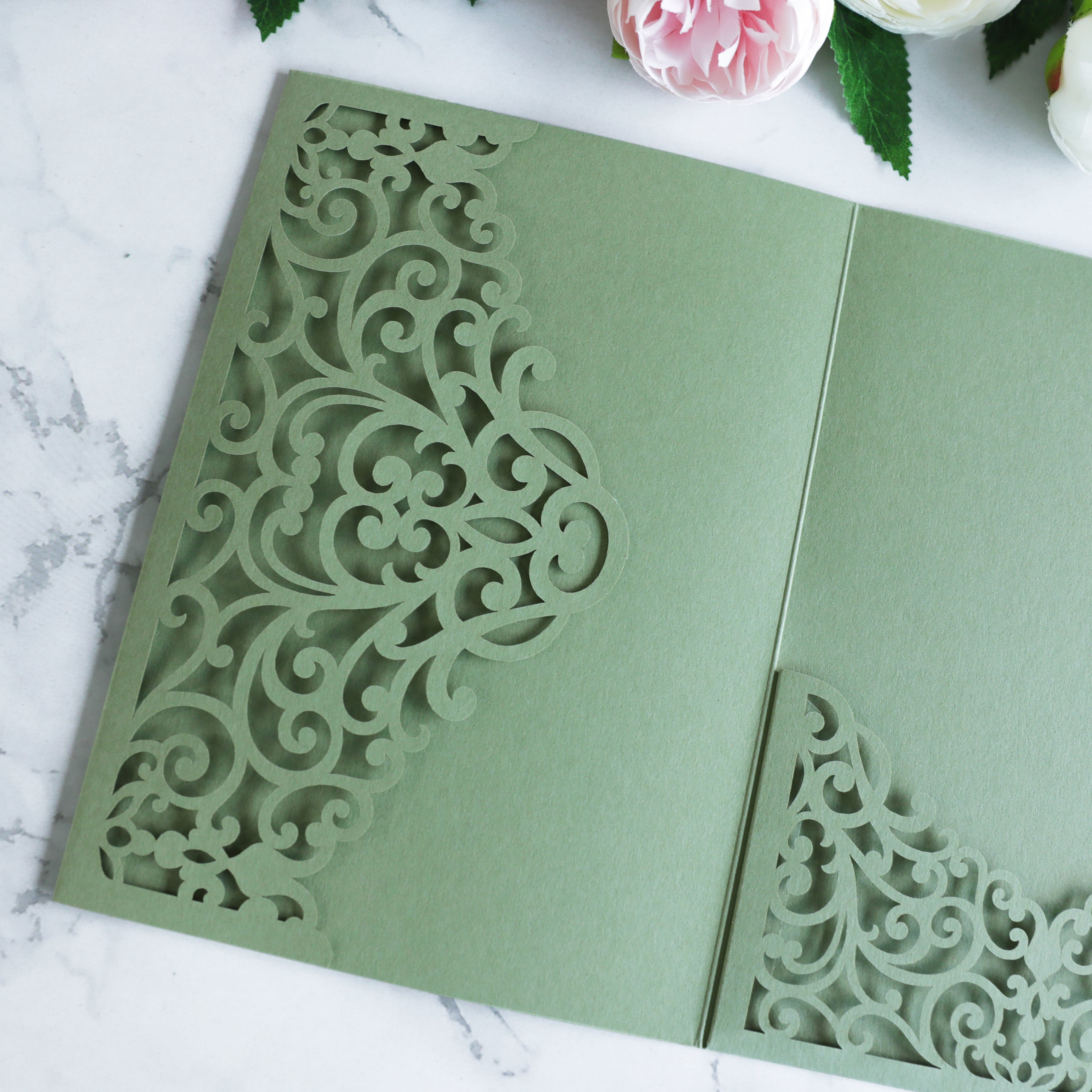 PONATIA  20PCS Sage Green Laser Cut Wedding Invitations Pockets