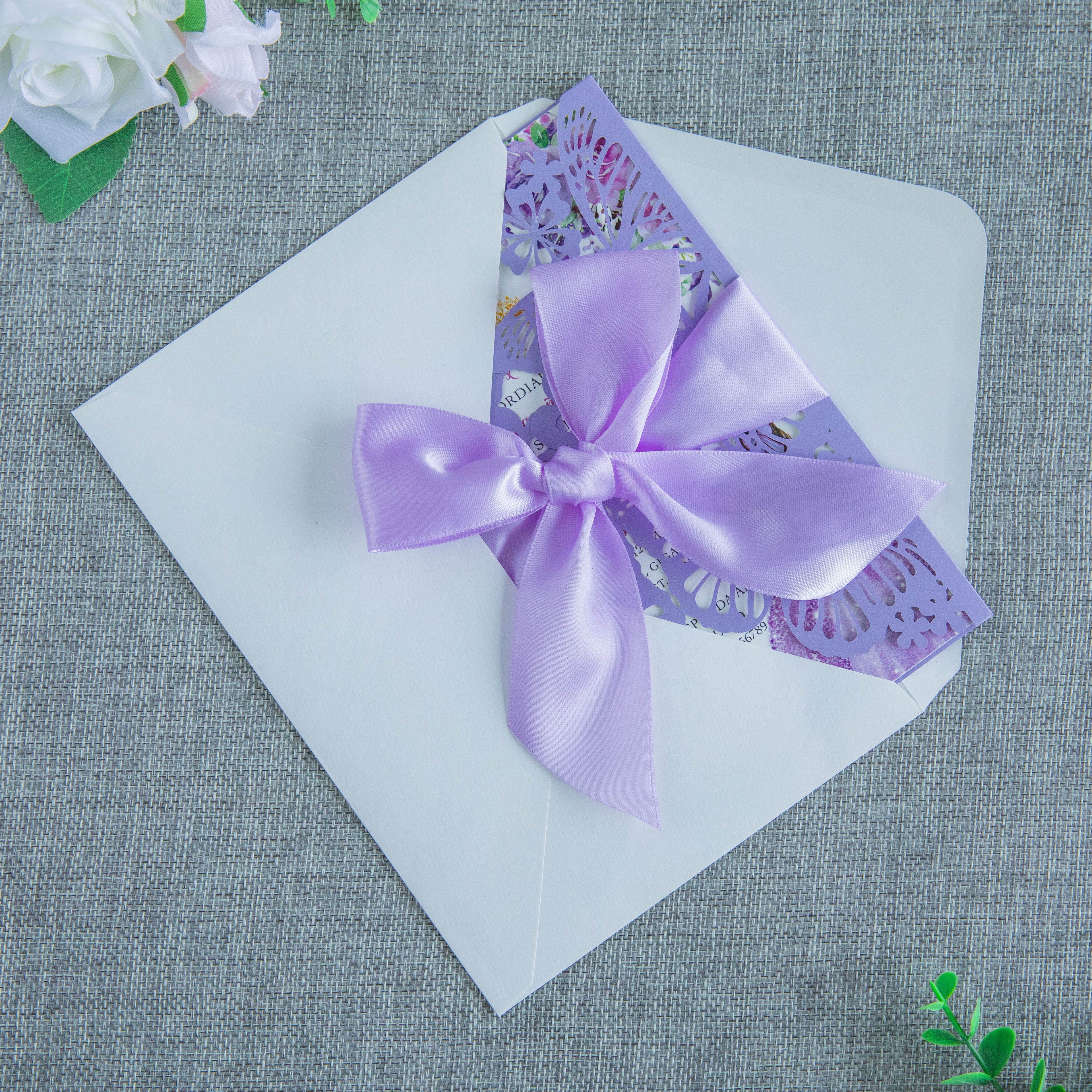 PONATIA Violet Butterfly Quinceanera Invitation, Laser Cut Wedding Invitation Cards with Envelopes