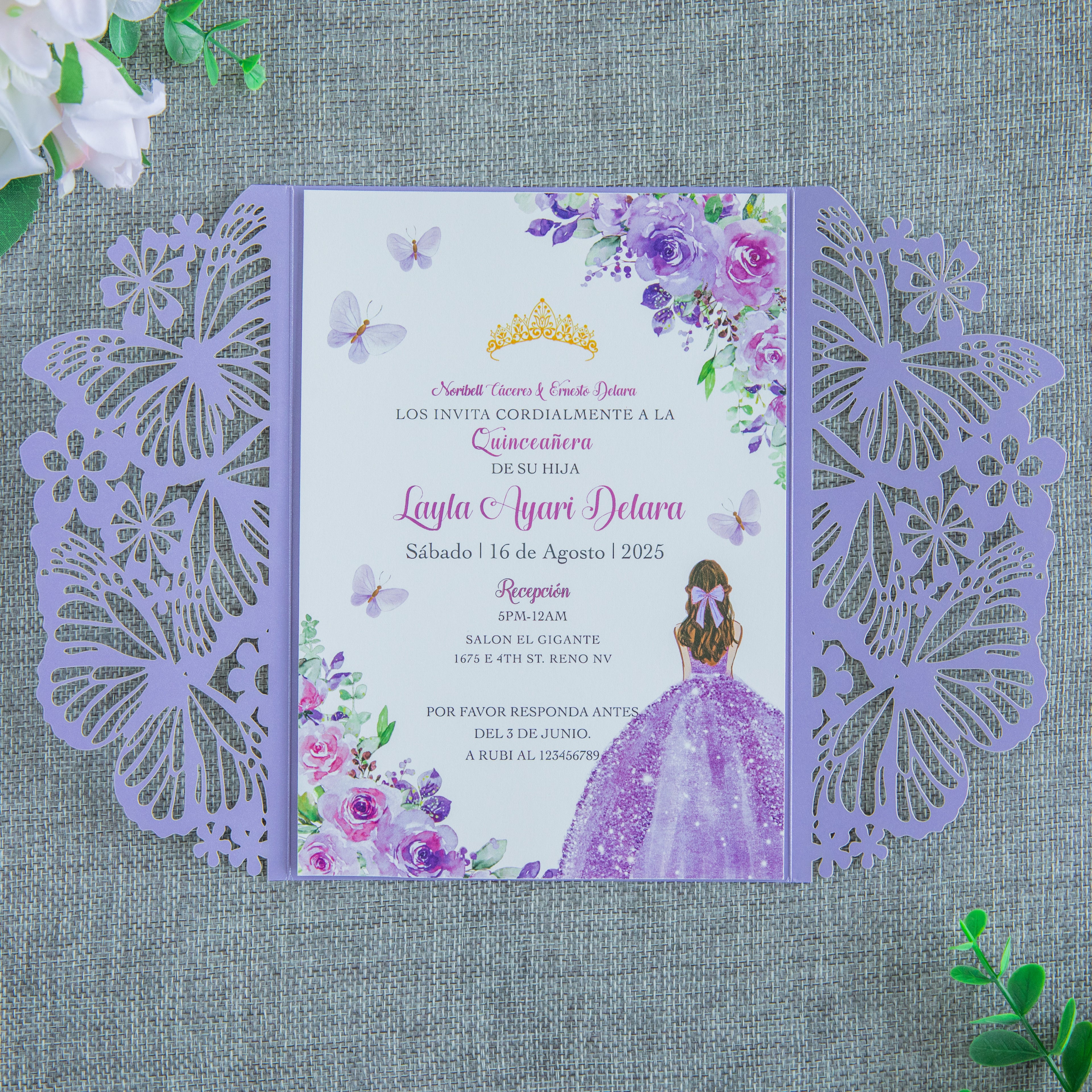 PONATIA Violet Butterfly Quinceanera Invitation, Laser Cut Wedding Invitation Cards with Envelopes