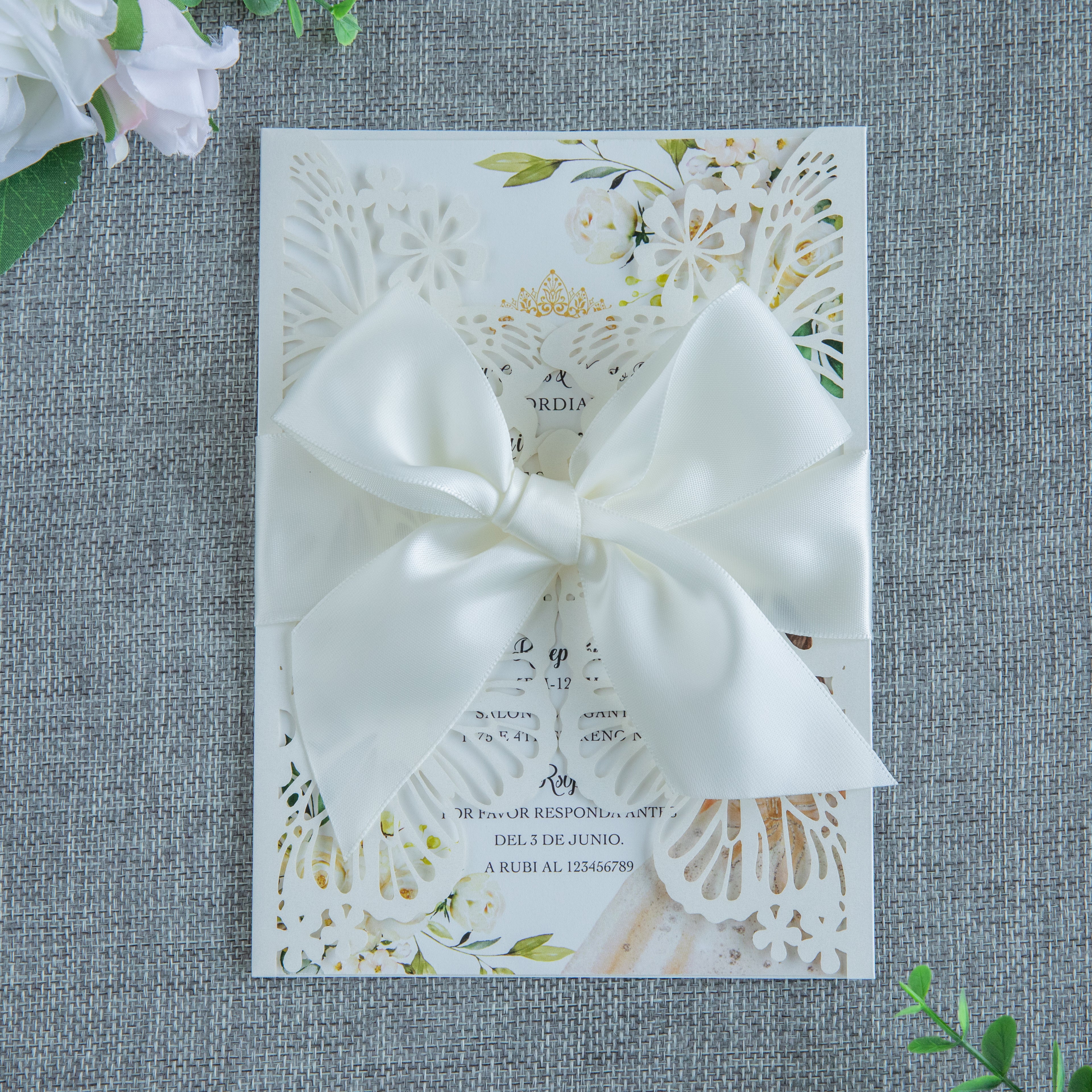 PONATIA Ivory Butterfly Quinceanera Invitation, Laser Cut Wedding Invitation Cards with Envelopes