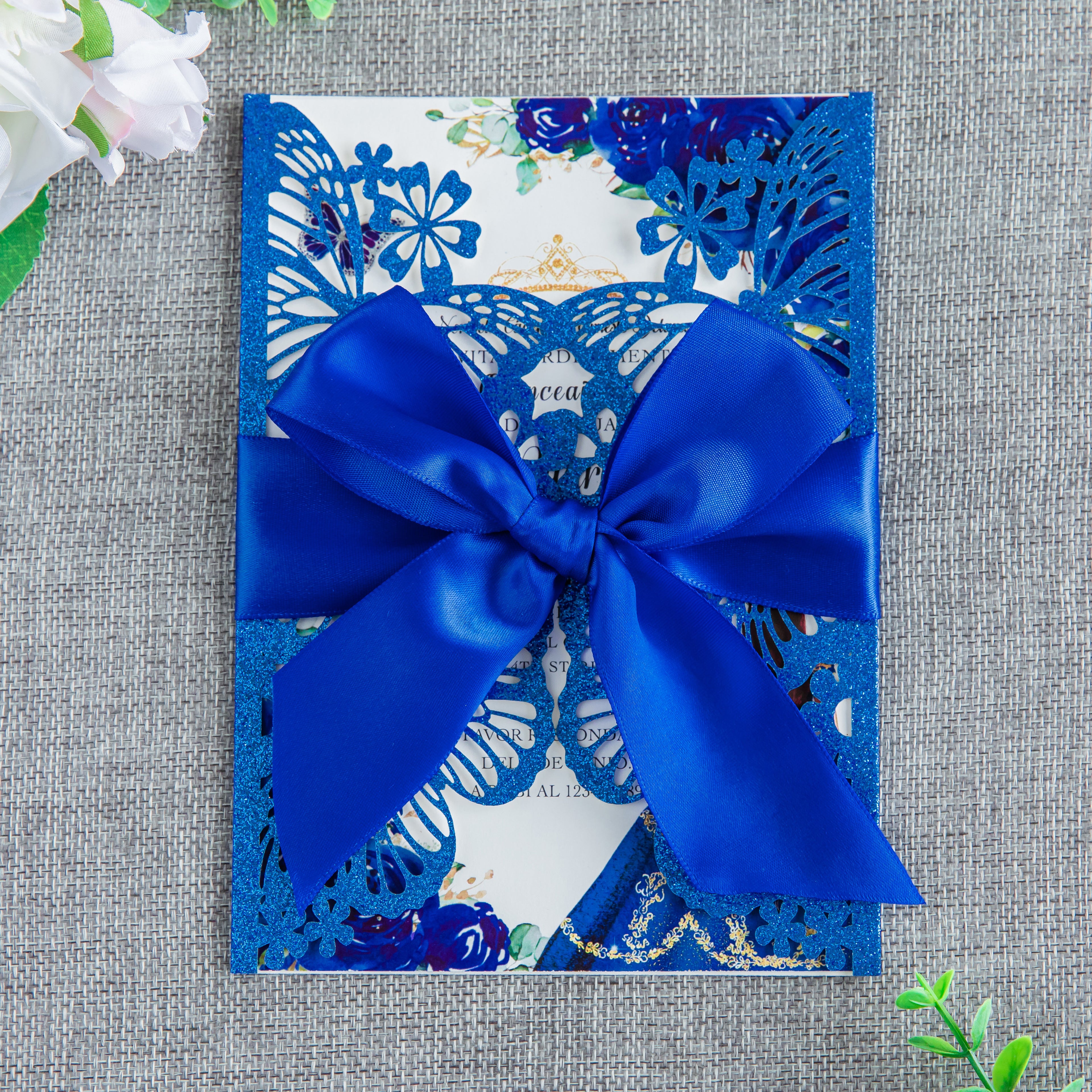 PONATIA Blue Glitter Butterfly Quinceanera Invitation, Laser Cut Wedding Invitation Cards with Envelopes