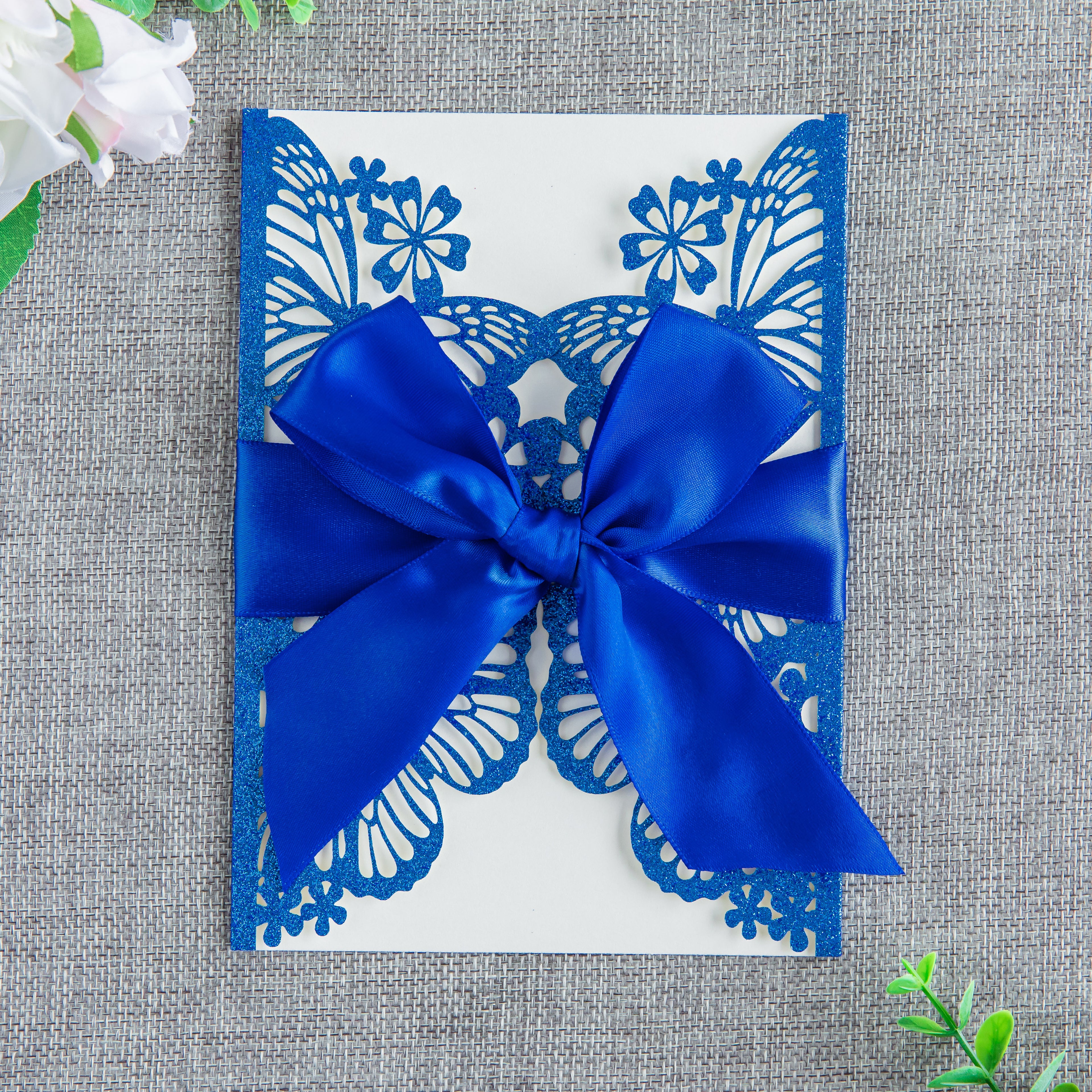PONATIA Blue Glitter Butterfly Quinceanera Invitation, Laser Cut Wedding Invitation Cards with Envelopes
