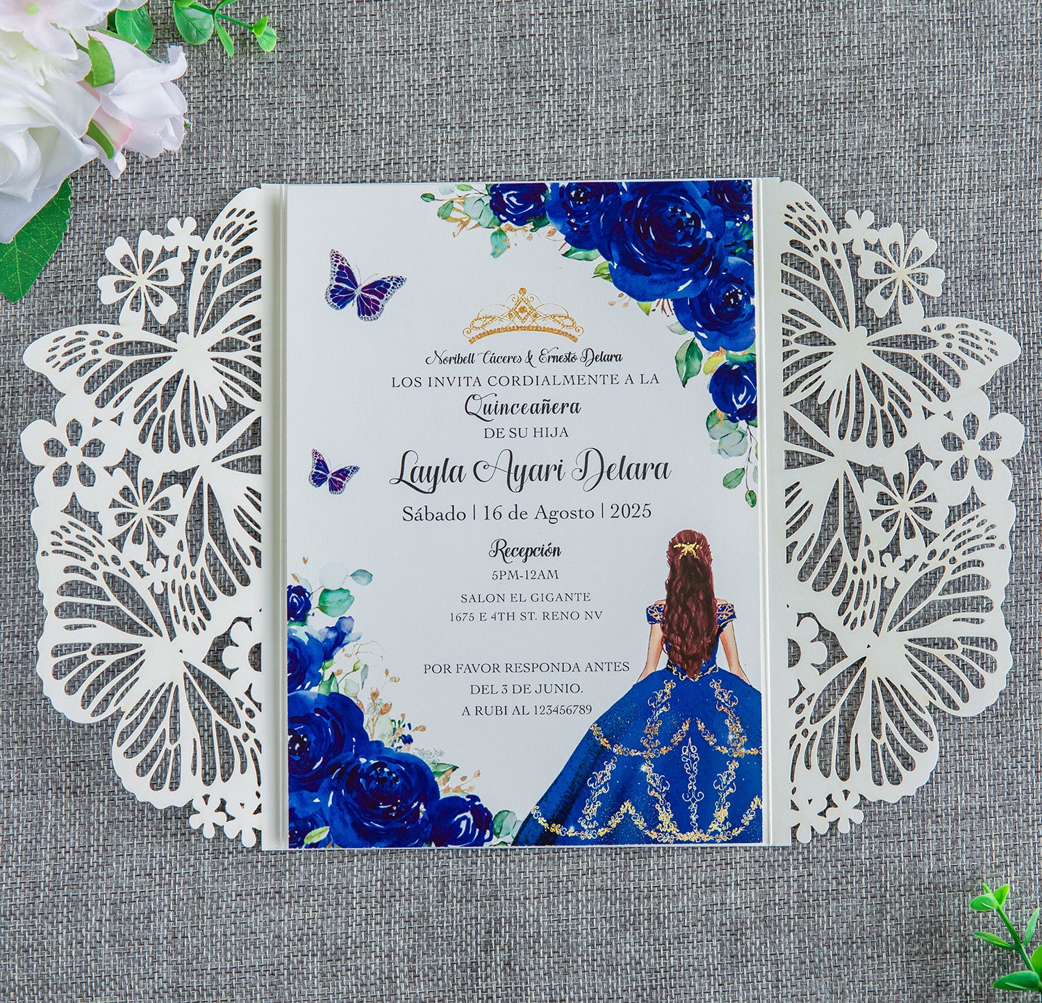 PONATIA Blue Glitter Butterfly Quinceanera Invitation, Laser Cut Wedding Invitation Cards with Envelopes