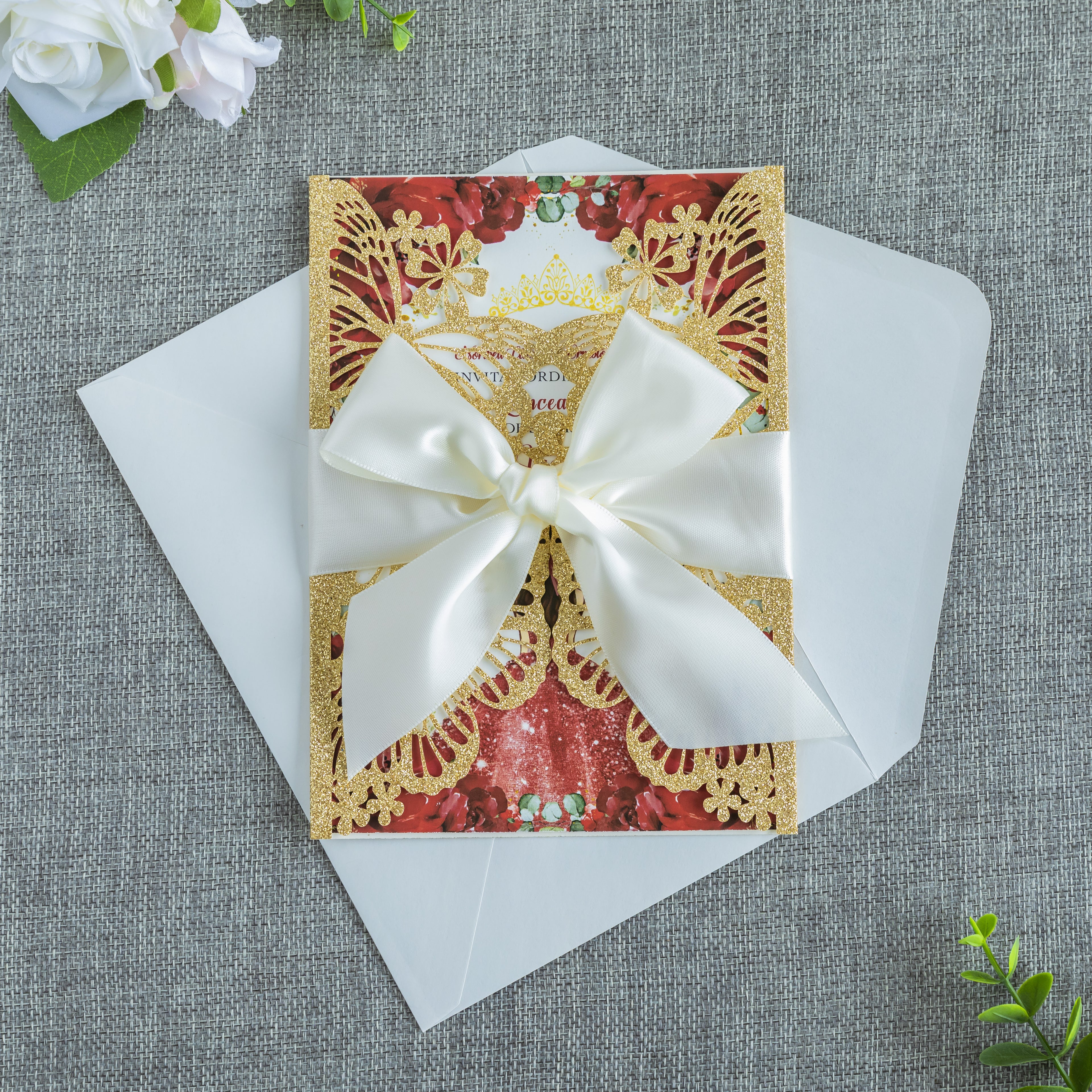PONATIA Golden Glitter Butterfly Quinceanera Invitation, Laser Cut Wedding Invitation Cards with Envelopes