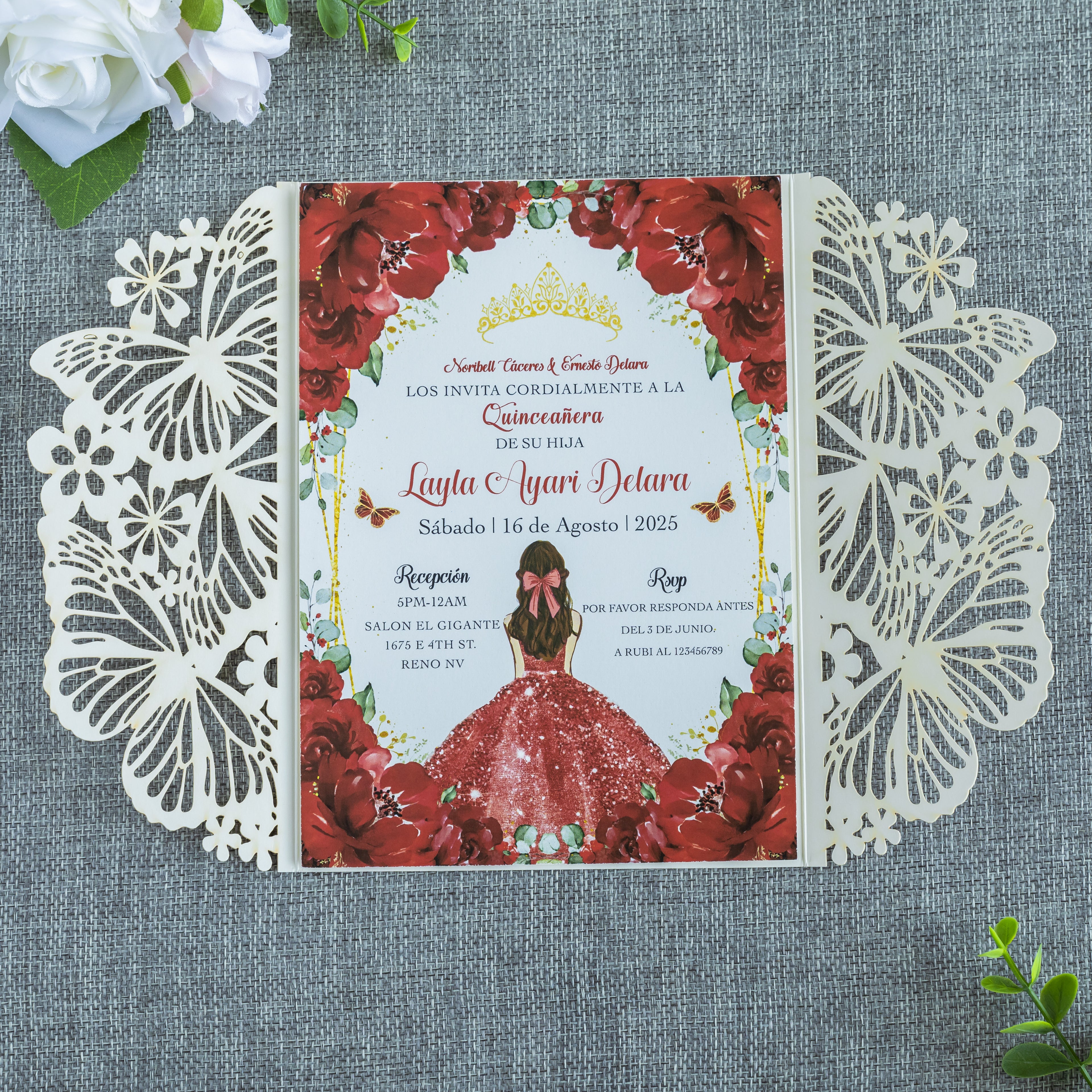 PONATIA Golden Glitter Butterfly Quinceanera Invitation, Laser Cut Wedding Invitation Cards with Envelopes