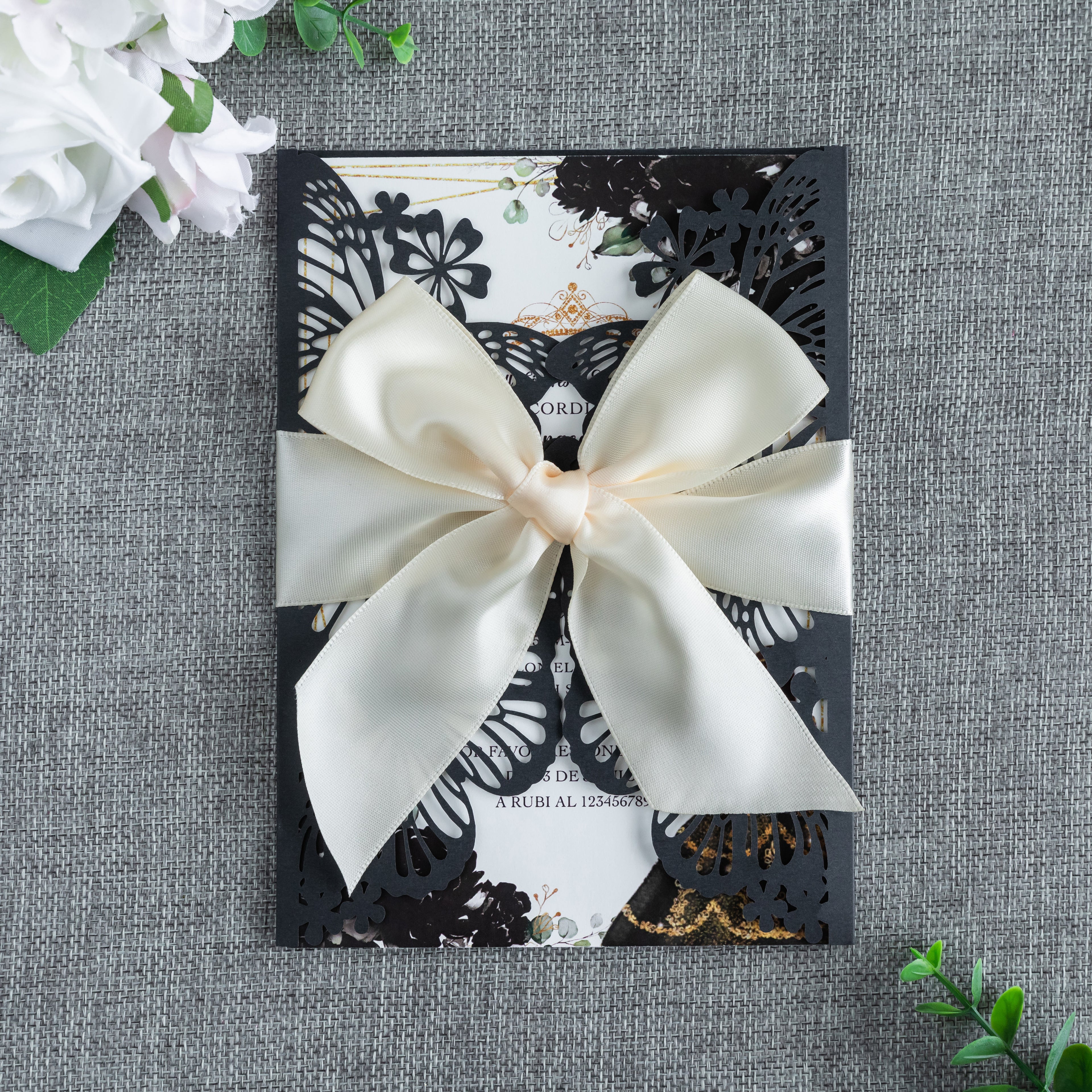 PONATIA Black Butterfly Quinceanera Invitation, Laser Cut Wedding Invitation Cards with Envelopes