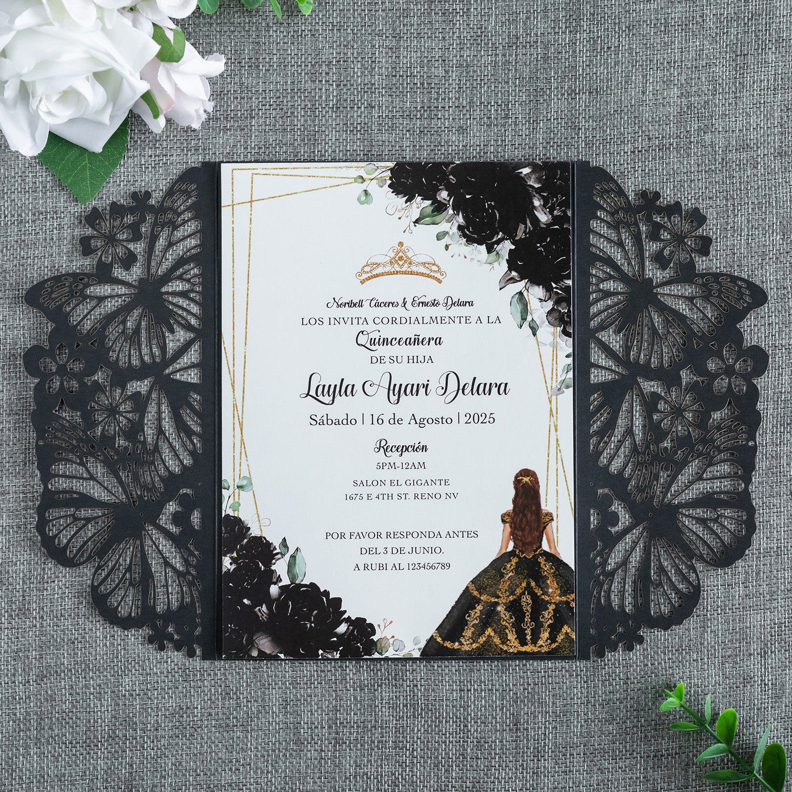 PONATIA Black Butterfly Quinceanera Invitation, Laser Cut Wedding Invitation Cards with Envelopes
