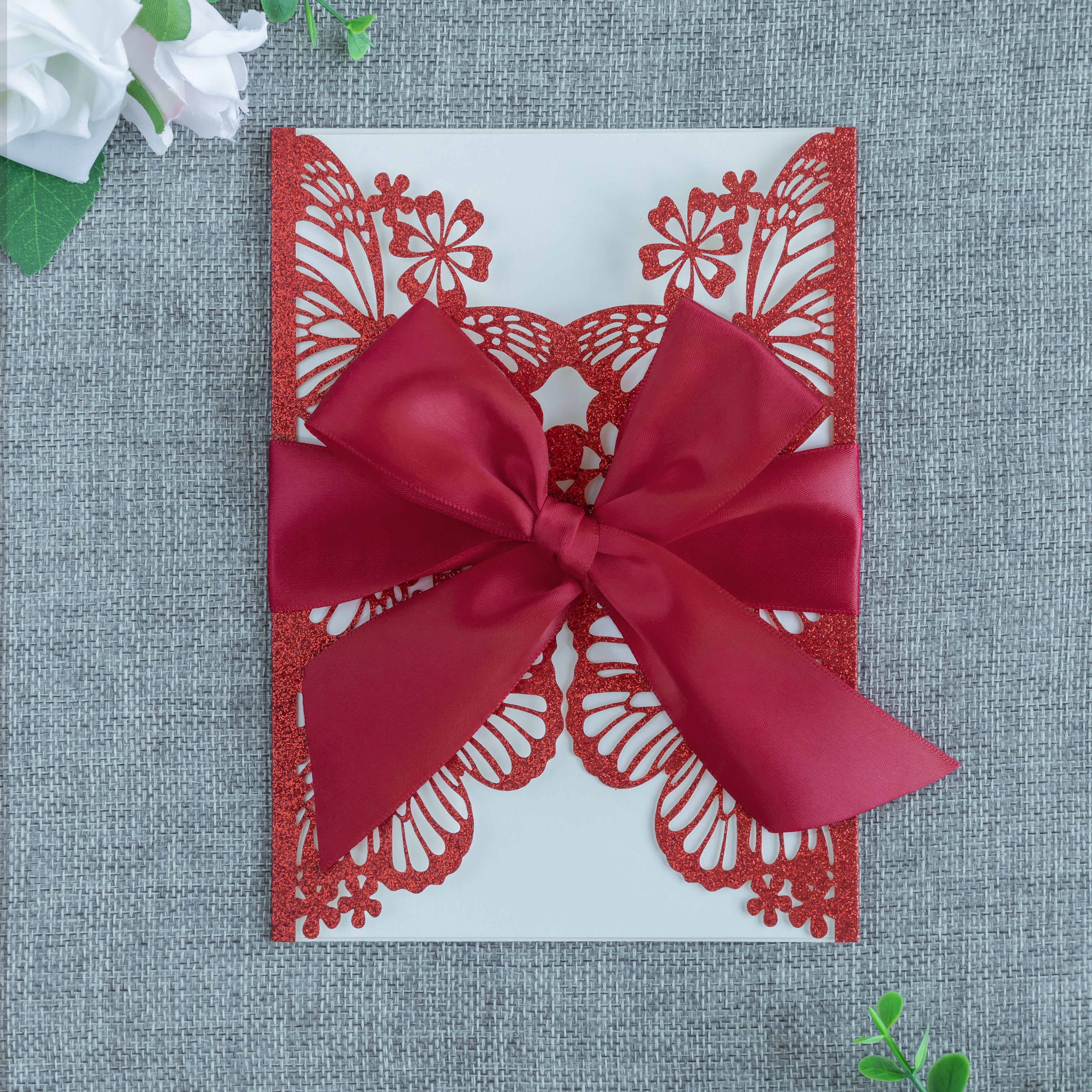 PONATIA Red Glitter Butterfly Quinceanera Invitation, Laser Cut Wedding Invitation Cards with Envelopes