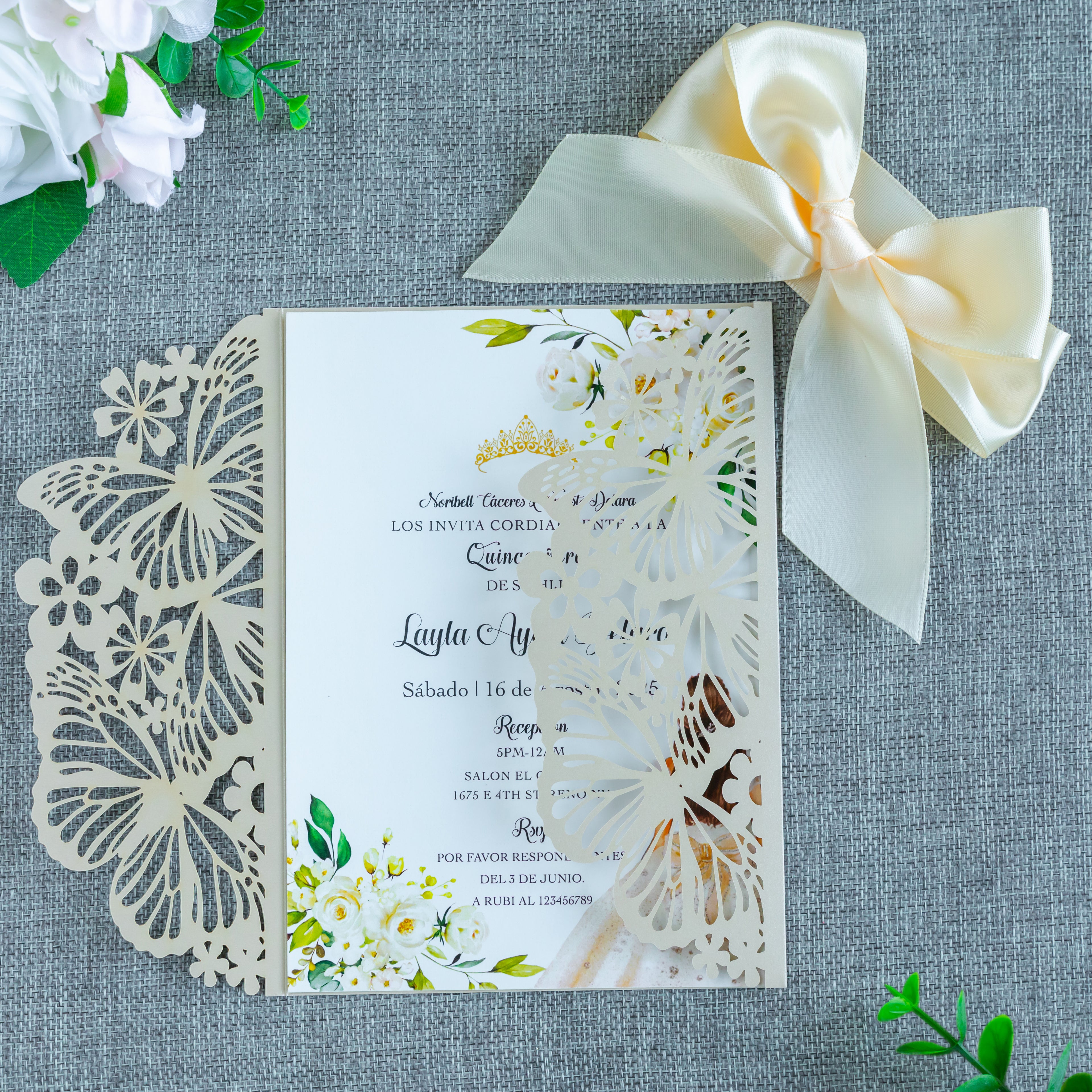 PONATIA Champagne Shinny Butterfly Quinceanera Invitation, Laser Cut Wedding Invitation Cards with Envelopes