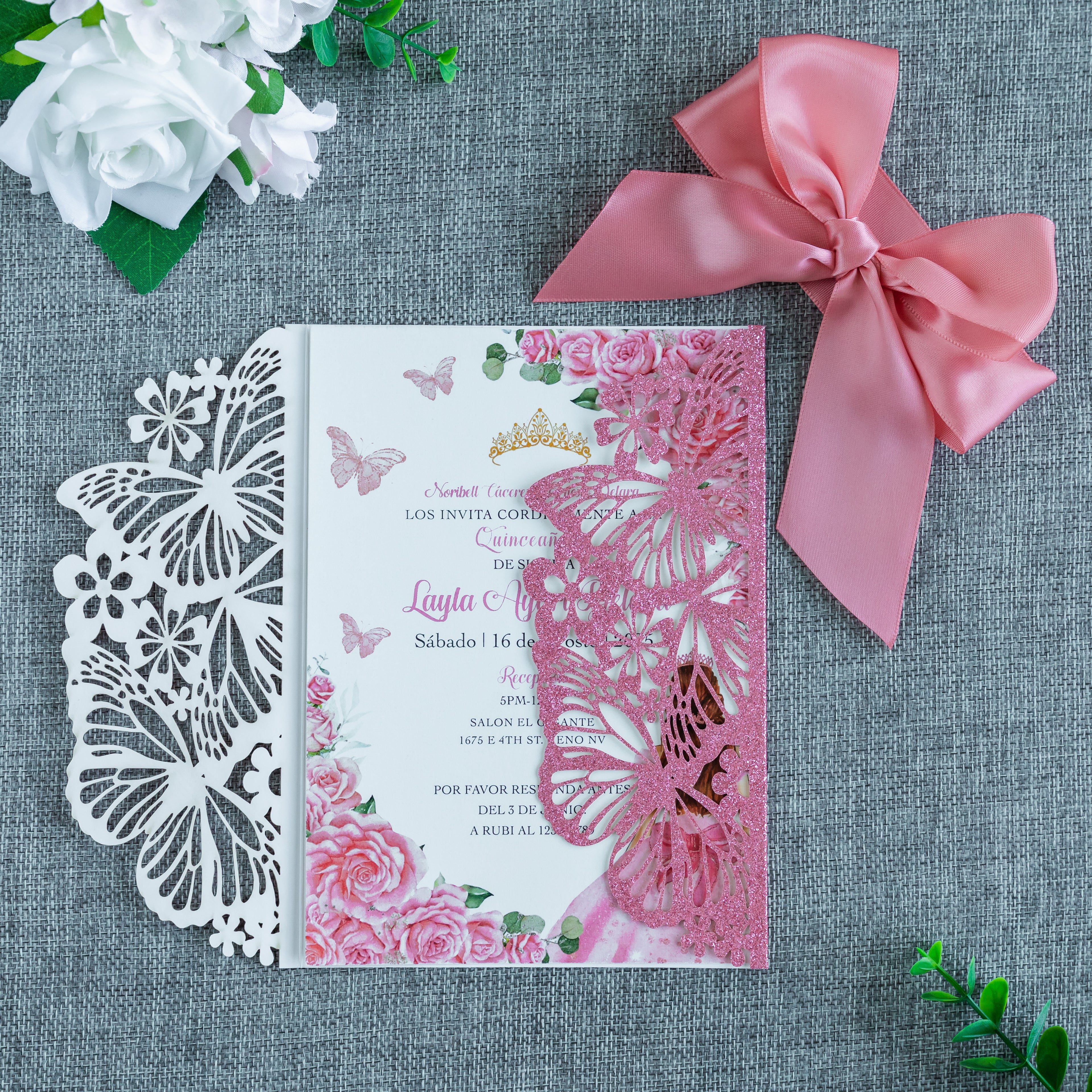 PONATIA Pink Glitter Butterfly Quinceanera Invitation, Laser Cut Wedding Invitation Cards with Envelopes