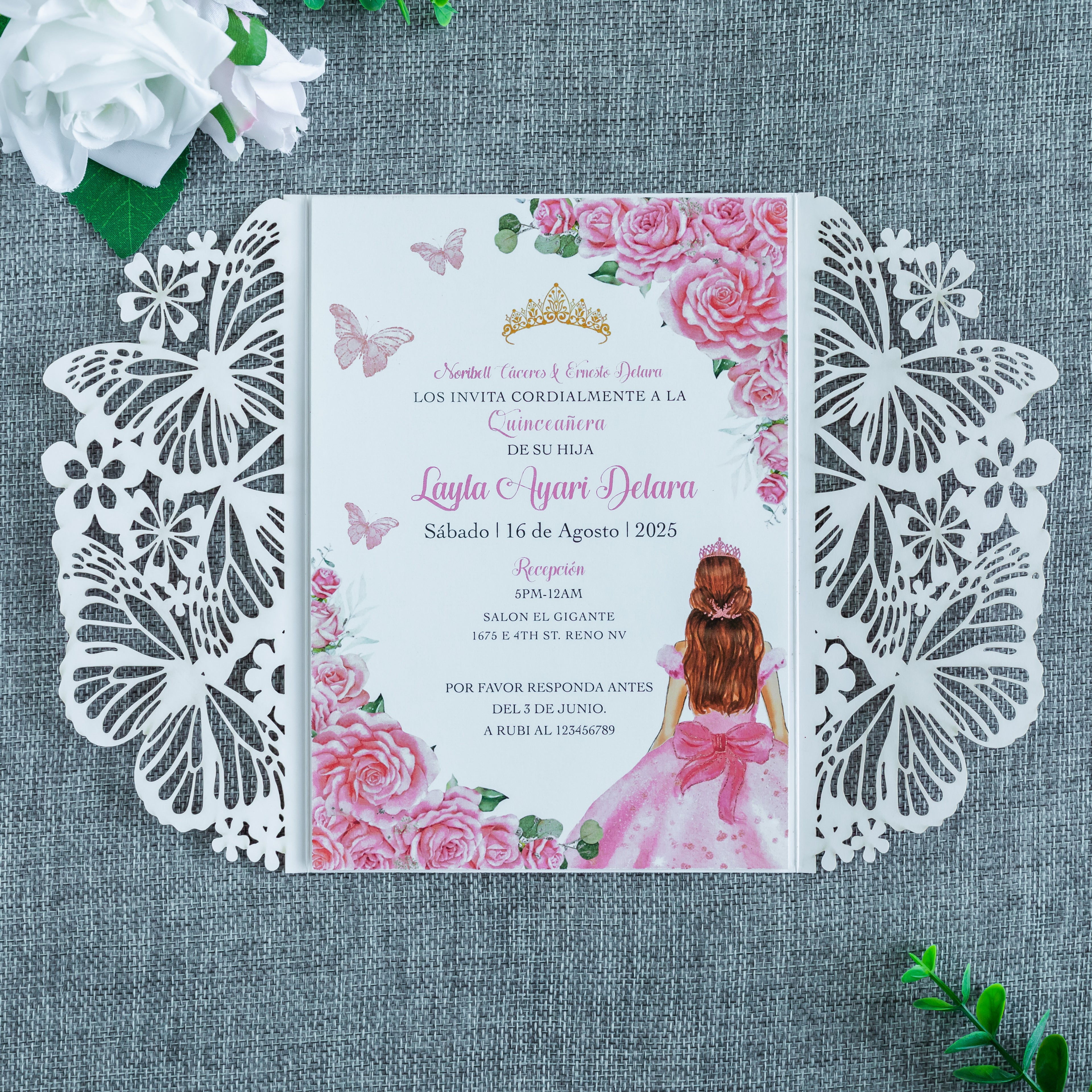 PONATIA Pink Glitter Butterfly Quinceanera Invitation, Laser Cut Wedding Invitation Cards with Envelopes