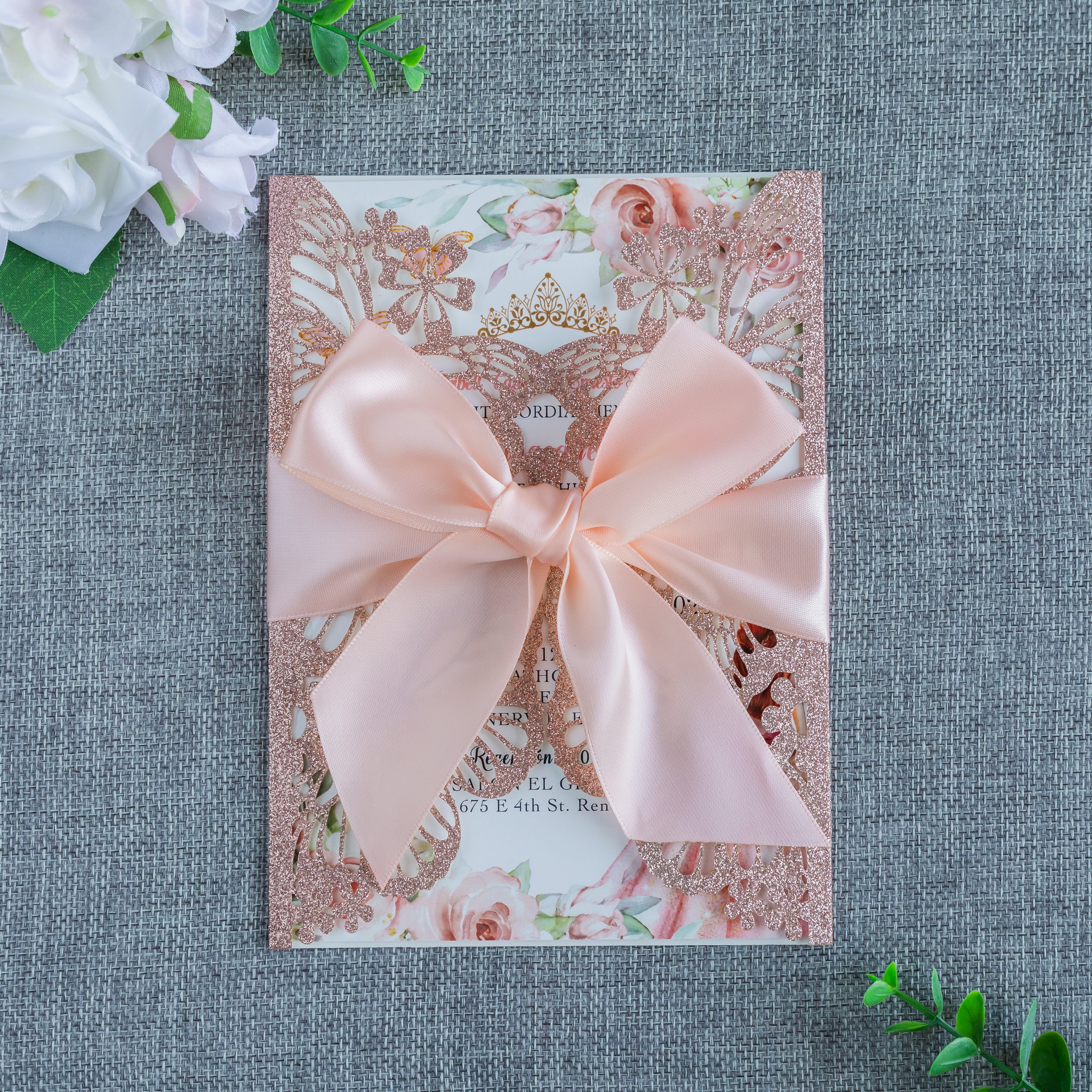 PONATIA Rose Gold Glitter Butterfly Quinceanera Invitation, Laser Cut Wedding Invitation Cards with Envelopes