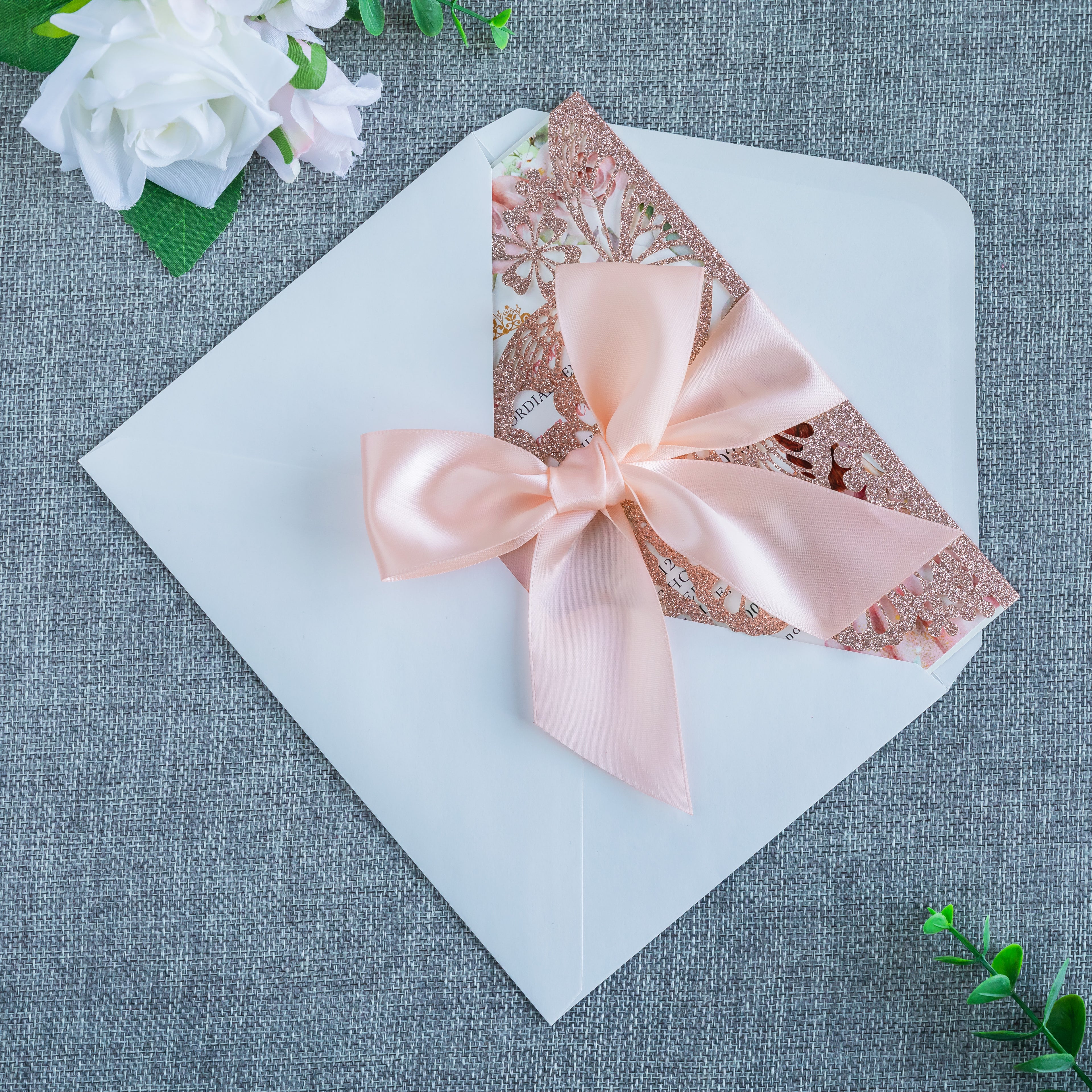PONATIA Rose Gold Glitter Butterfly Quinceanera Invitation, Laser Cut Wedding Invitation Cards with Envelopes