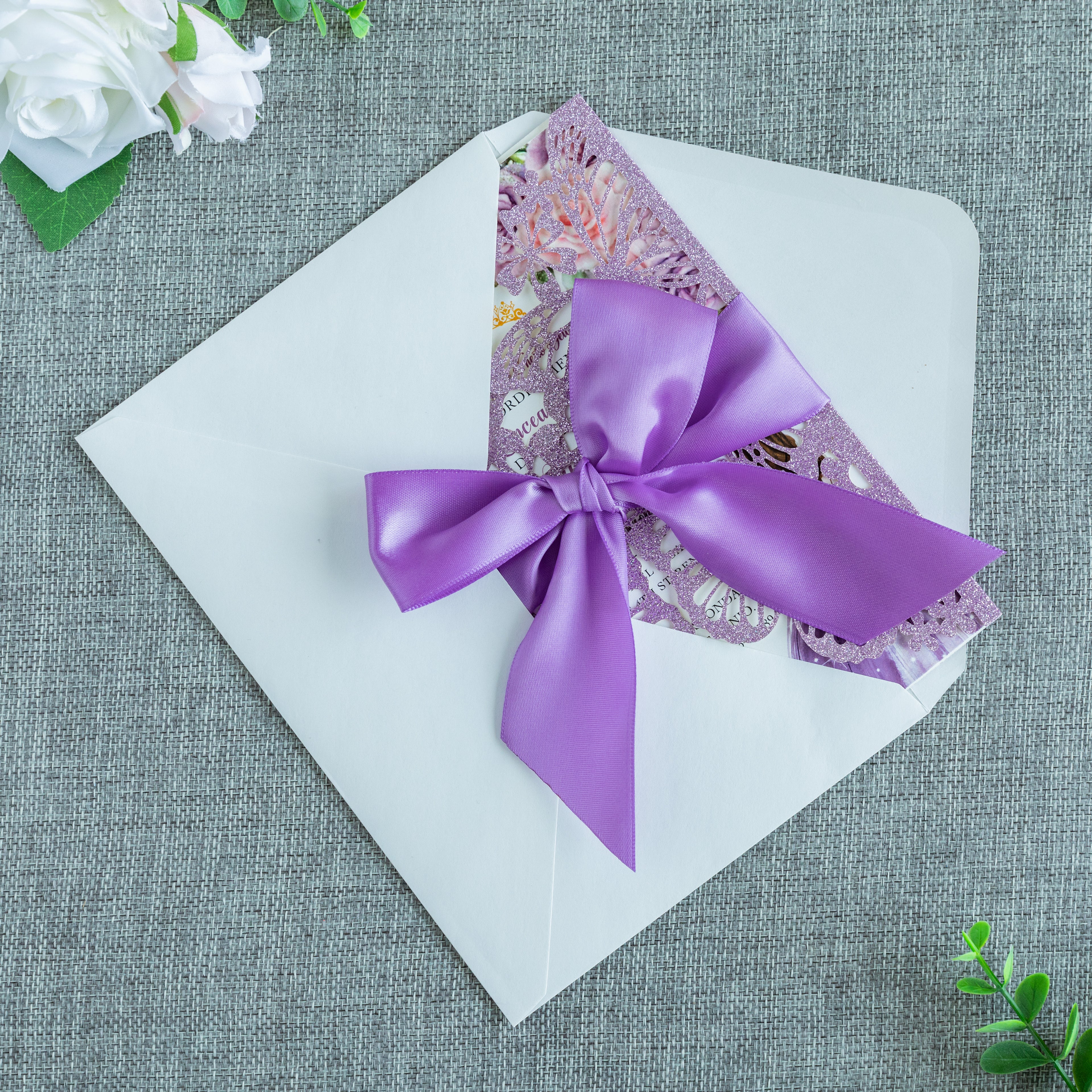 PONATIA Purple Glitter Butterfly Quinceanera Invitation, Laser Cut Wedding Invitation Cards with Envelopes