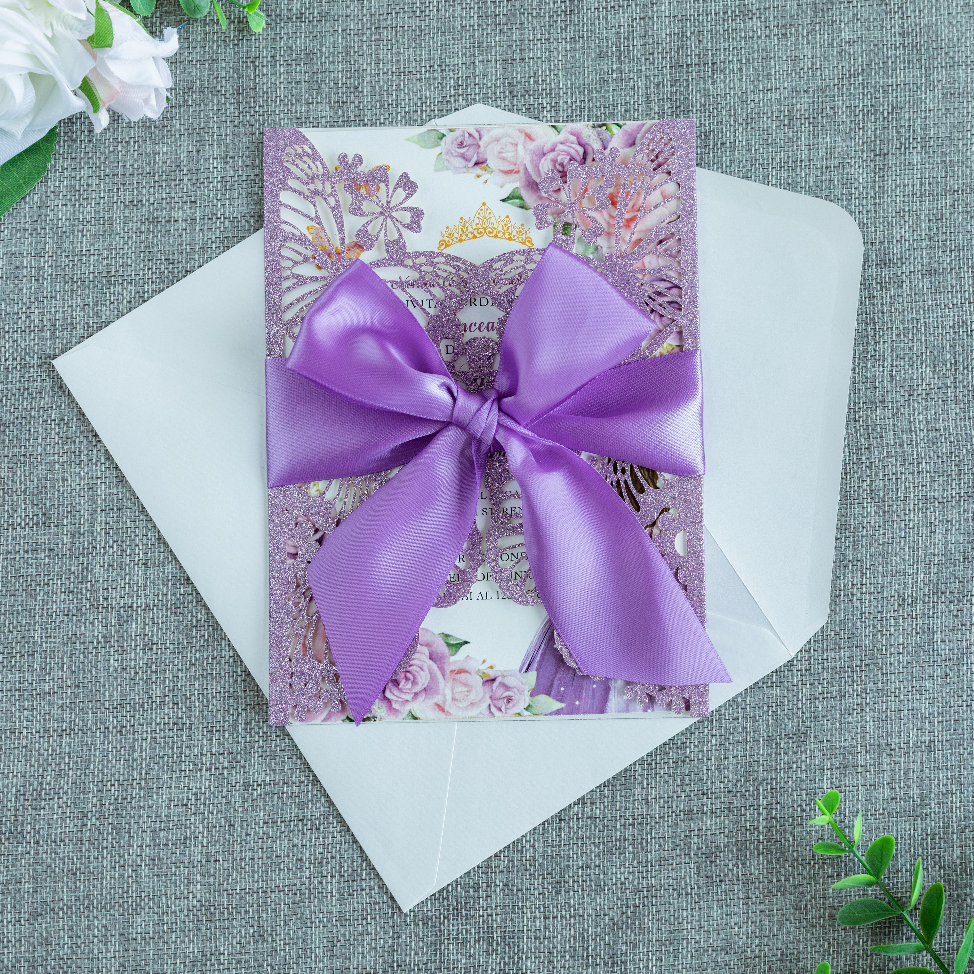 PONATIA Purple Glitter Butterfly Quinceanera Invitation, Laser Cut Wedding Invitation Cards with Envelopes