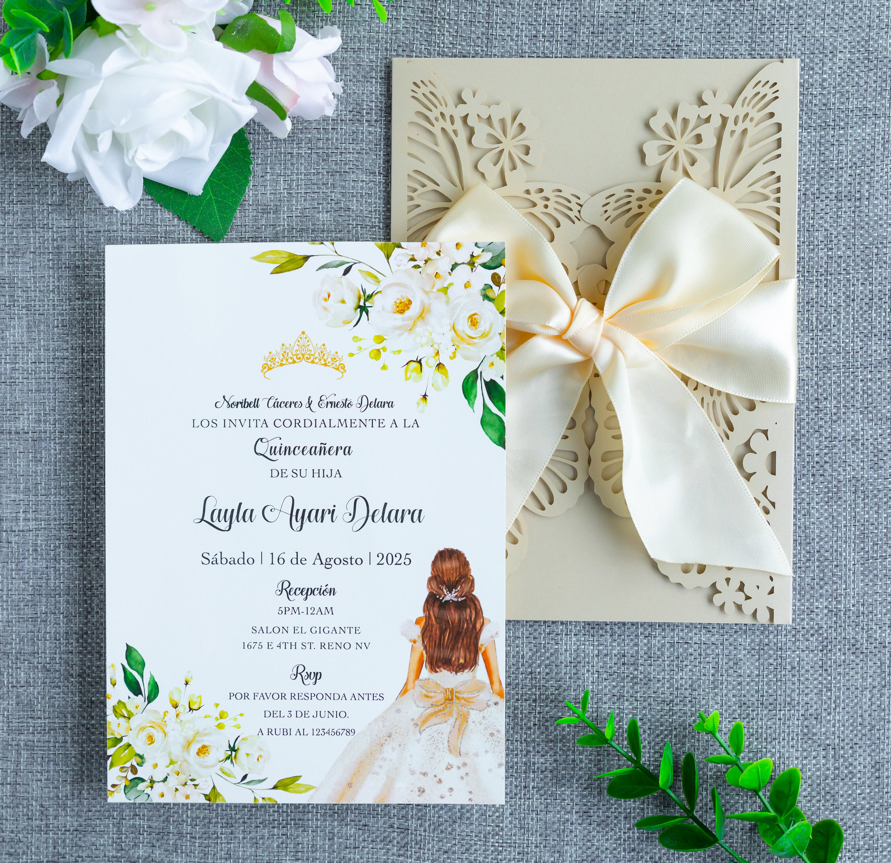 PONATIA Champagne Shinny Butterfly Quinceanera Invitation, Laser Cut Wedding Invitation Cards with Envelopes