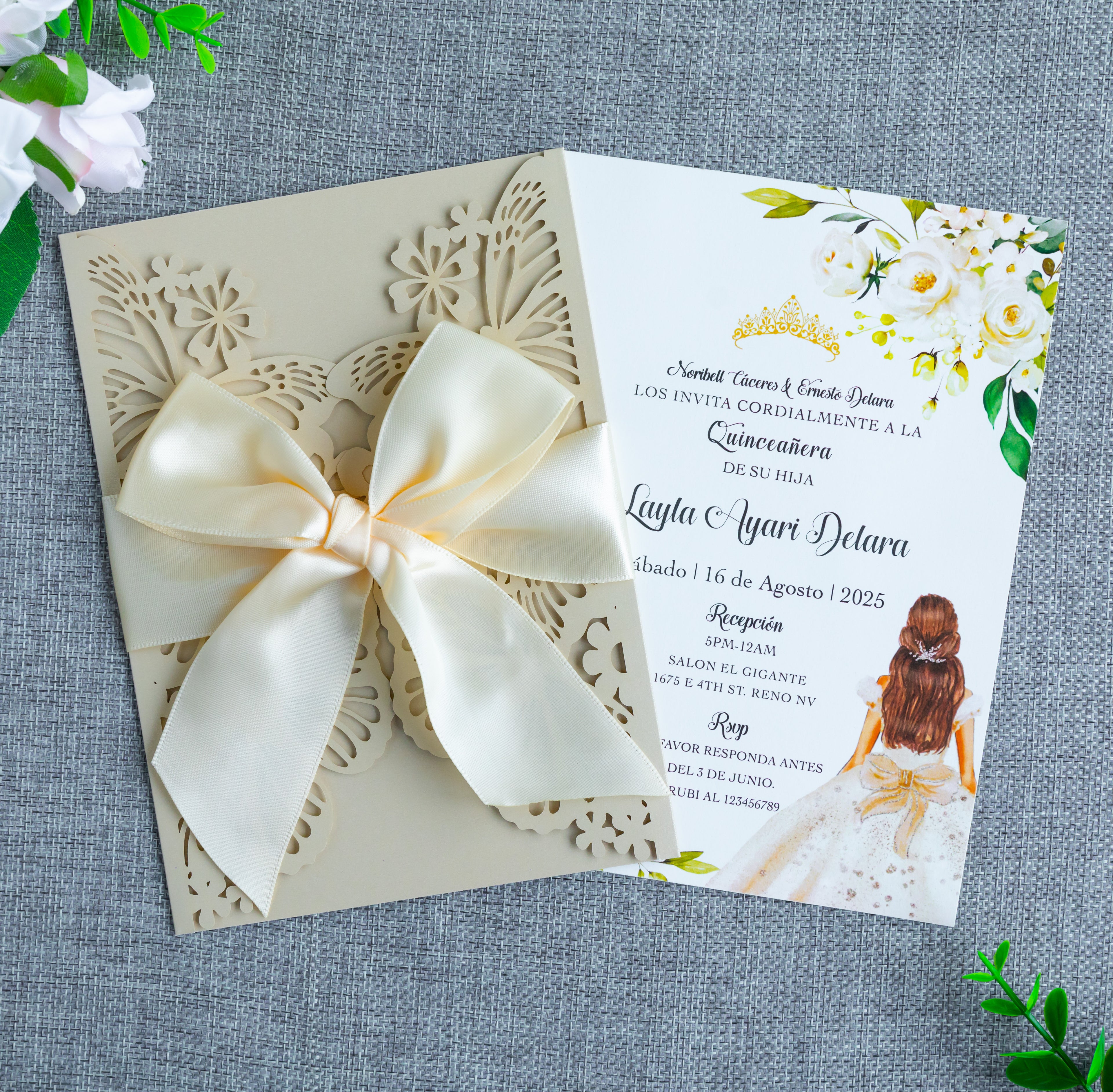 PONATIA Champagne Shinny Butterfly Quinceanera Invitation, Laser Cut Wedding Invitation Cards with Envelopes