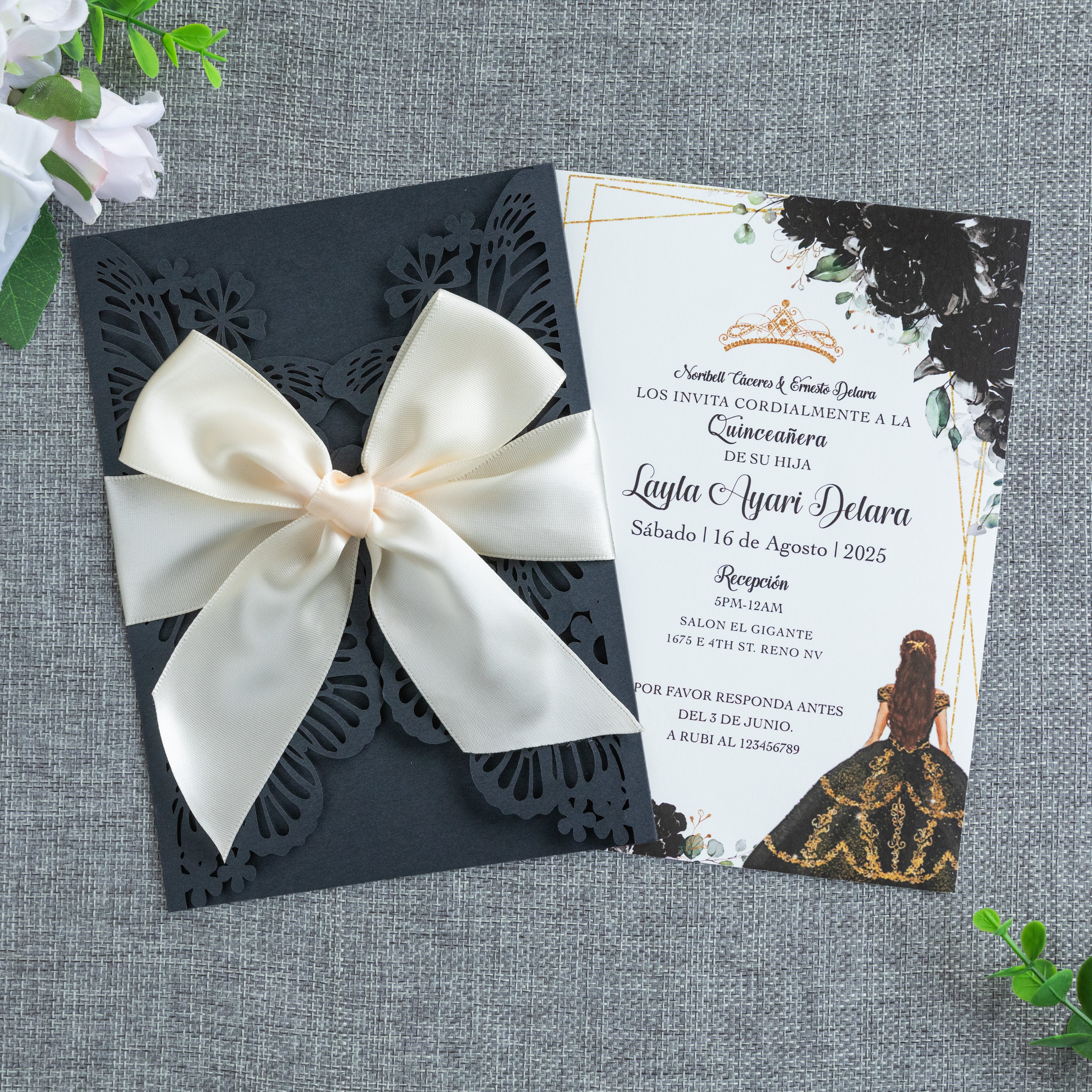 PONATIA Black Butterfly Quinceanera Invitation, Laser Cut Wedding Invitation Cards with Envelopes