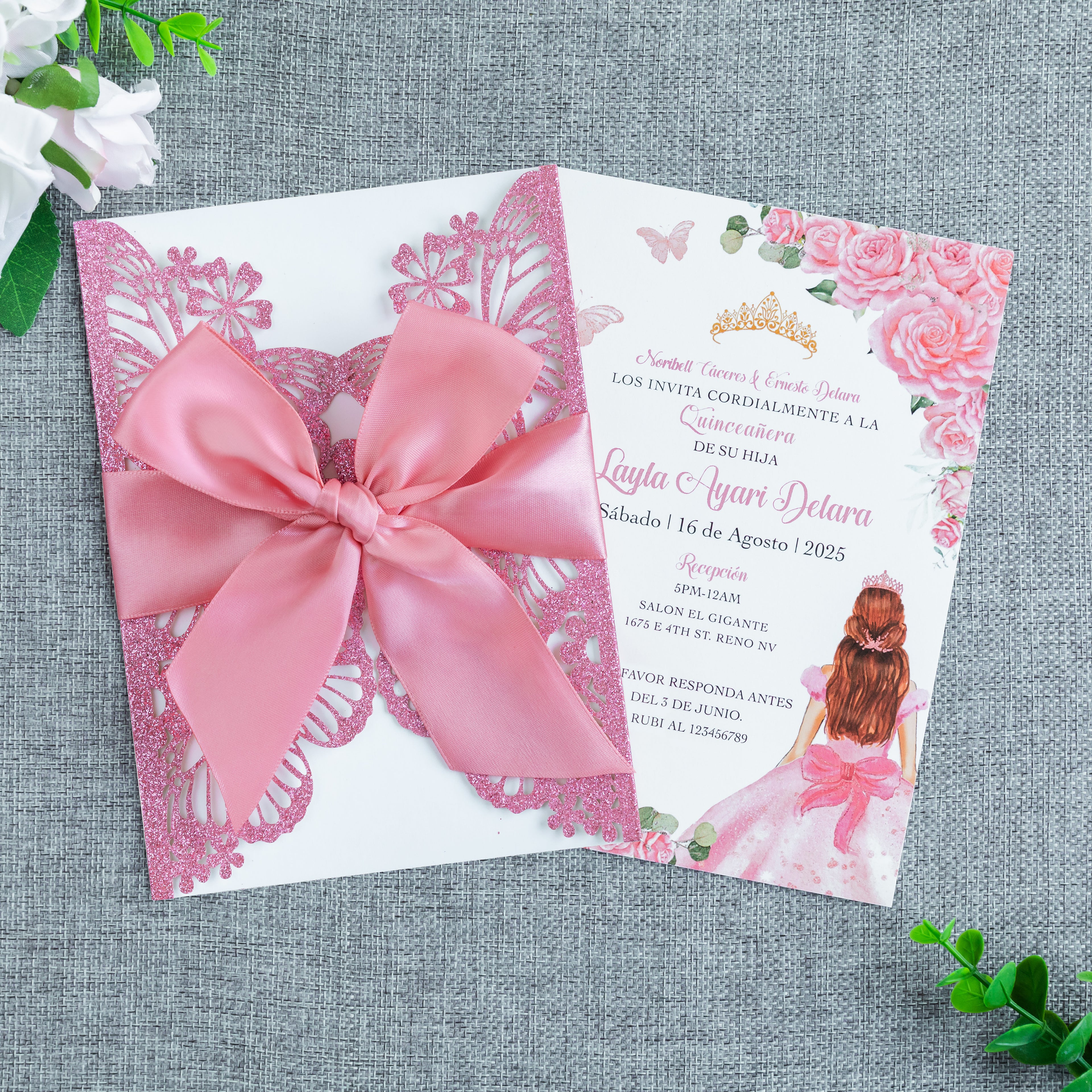 PONATIA Pink Glitter Butterfly Quinceanera Invitation, Laser Cut Wedding Invitation Cards with Envelopes