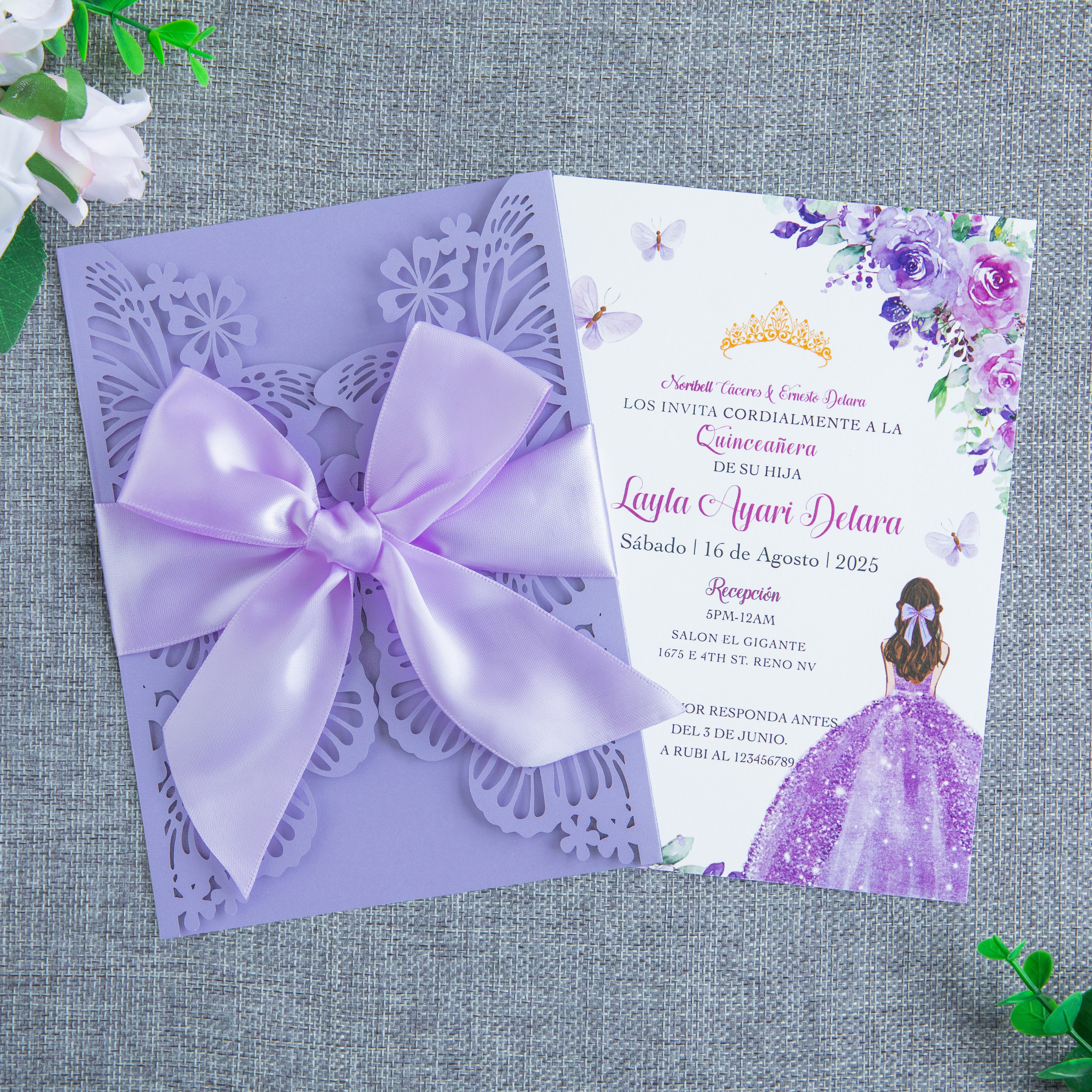 PONATIA Violet Butterfly Quinceanera Invitation, Laser Cut Wedding Invitation Cards with Envelopes