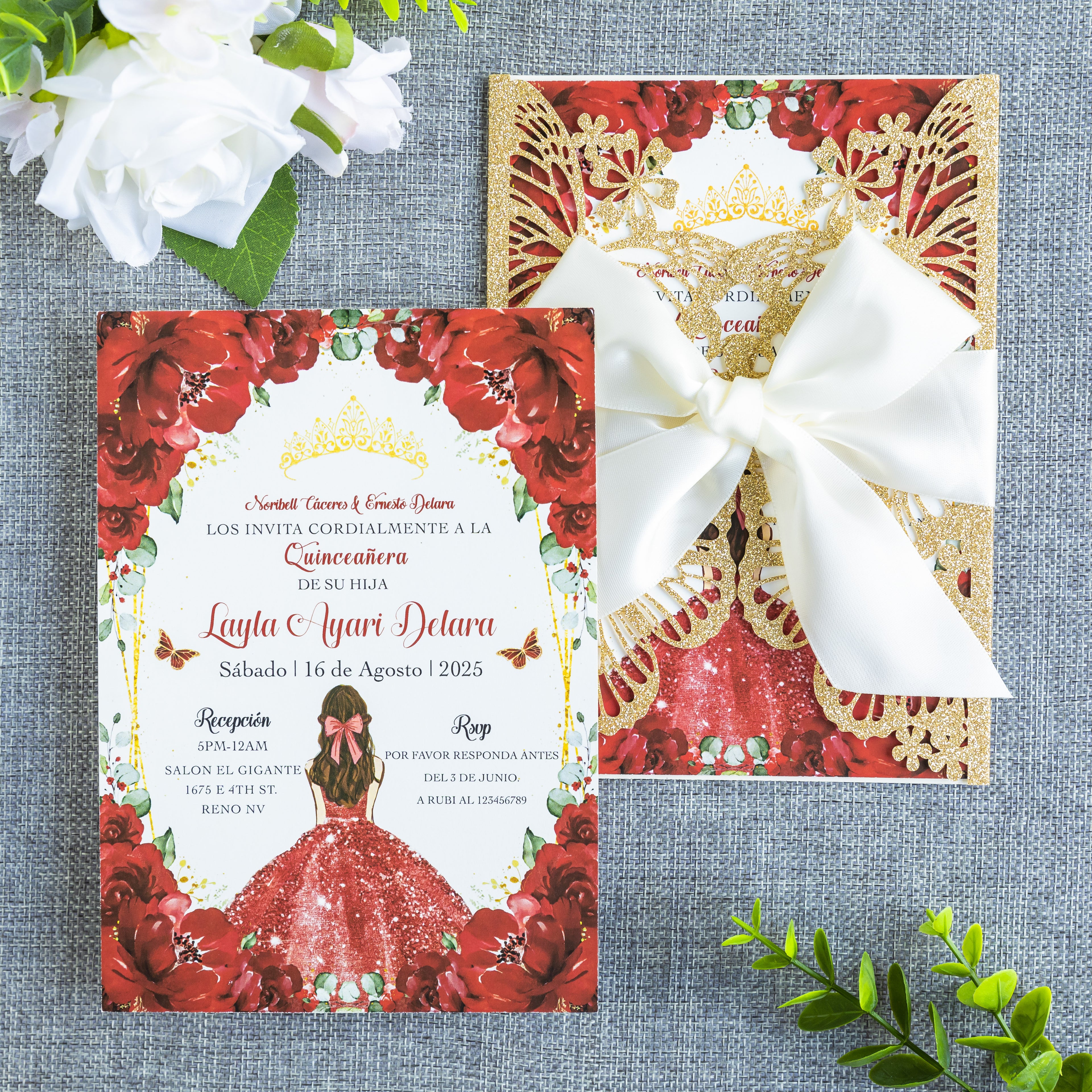 PONATIA Golden Glitter Butterfly Quinceanera Invitation, Laser Cut Wedding Invitation Cards with Envelopes