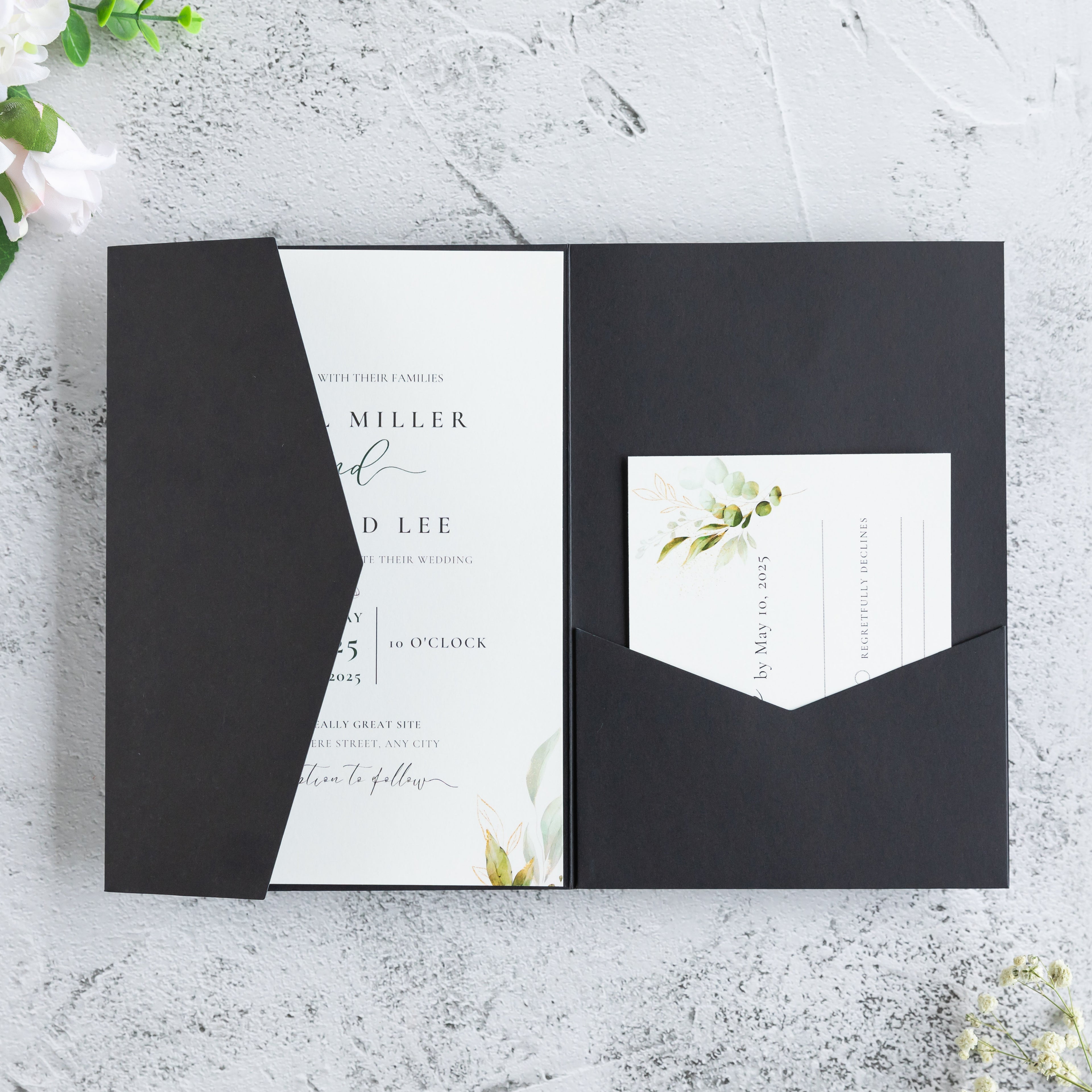 PONATIA 20 PCS Black Tri-fold Wedding Invitation Pockets for 5x7 Wedding Cards