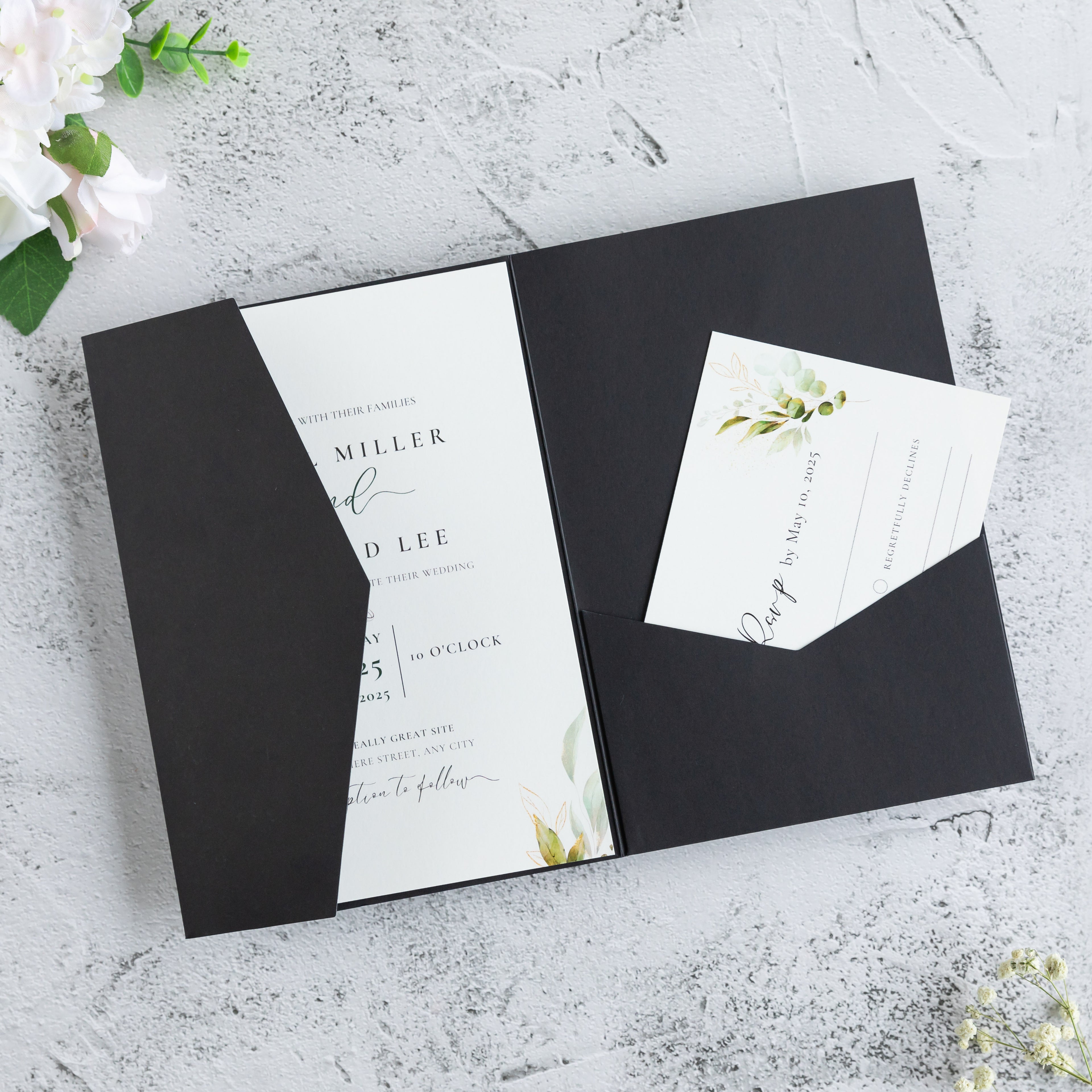 PONATIA 20 PCS Black Tri-fold Wedding Invitation Pockets for 5x7 Wedding Cards