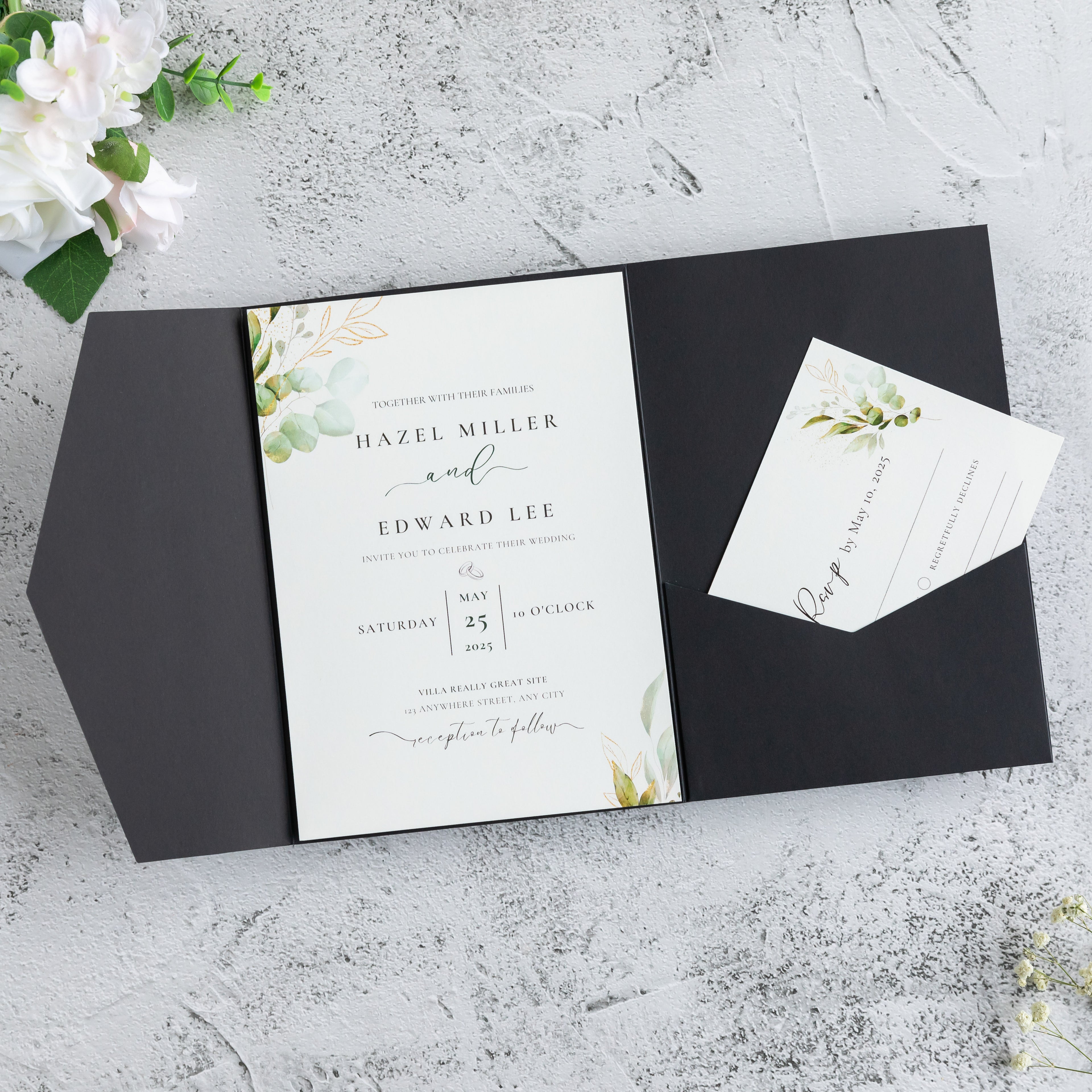 PONATIA 20 PCS Black Tri-fold Wedding Invitation Pockets for 5x7 Wedding Cards