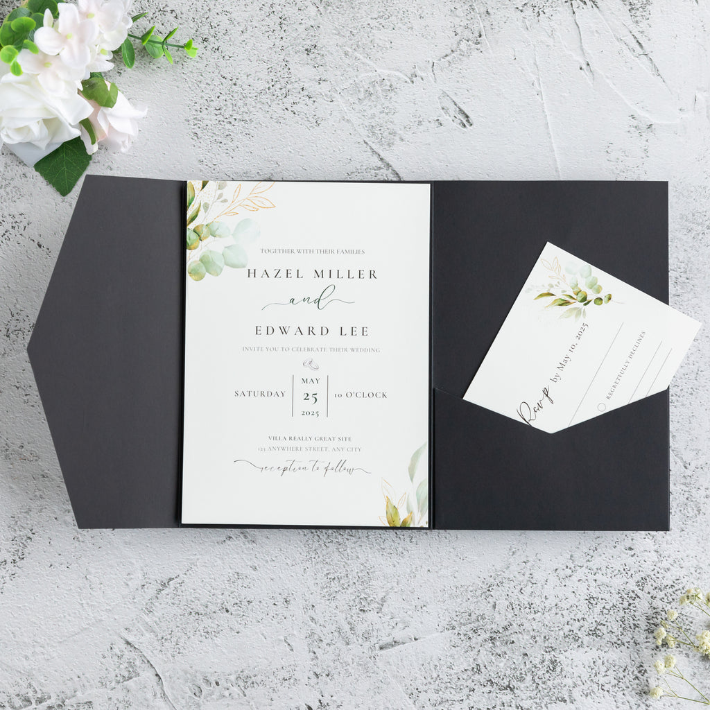 PONATIA 20 PCS Black Tri-fold Wedding Invitation Pockets for 5x7 Wedding Cards