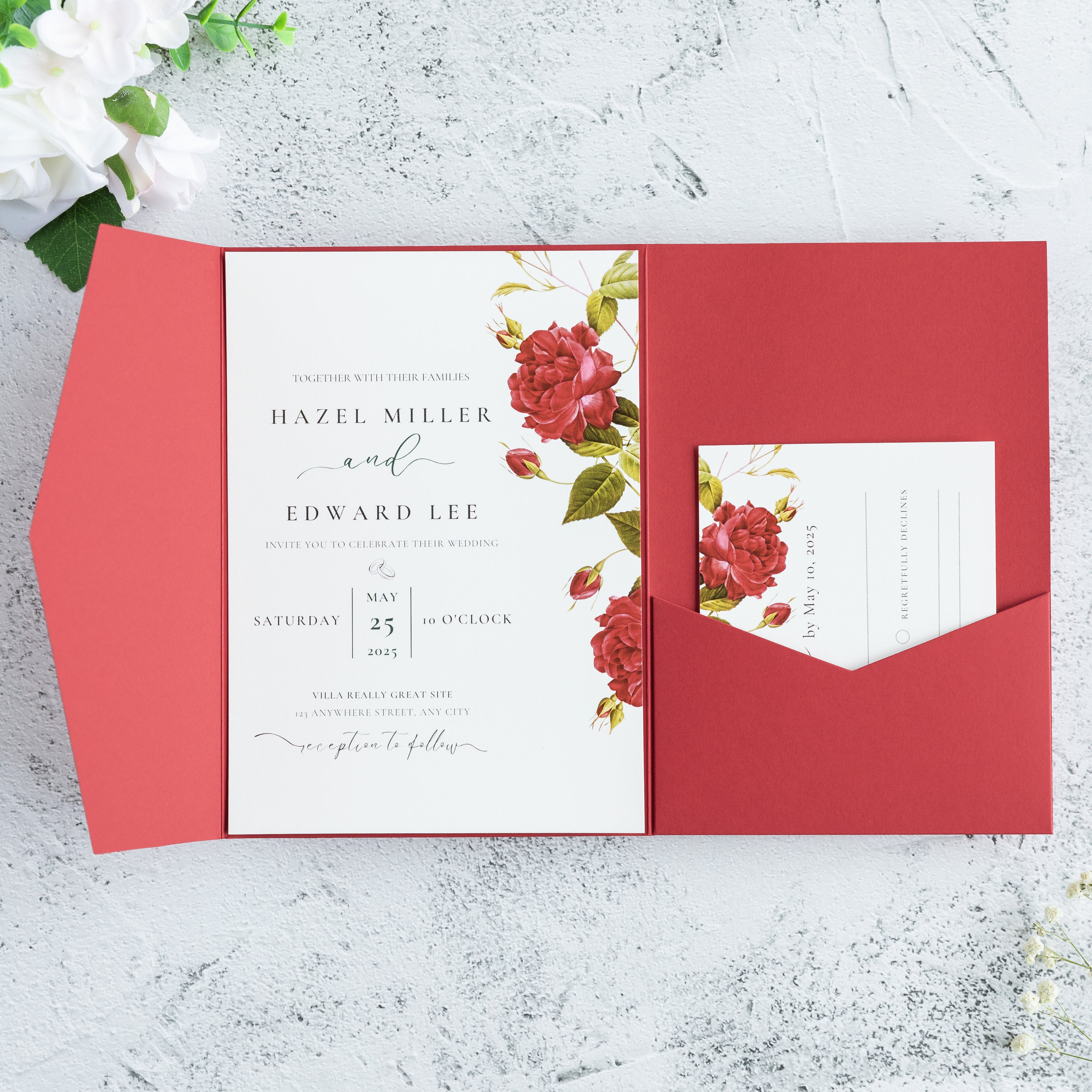 PONATIA 20 PCS Red Tri-fold Wedding Invitation Pockets for 5x7 Wedding Cards