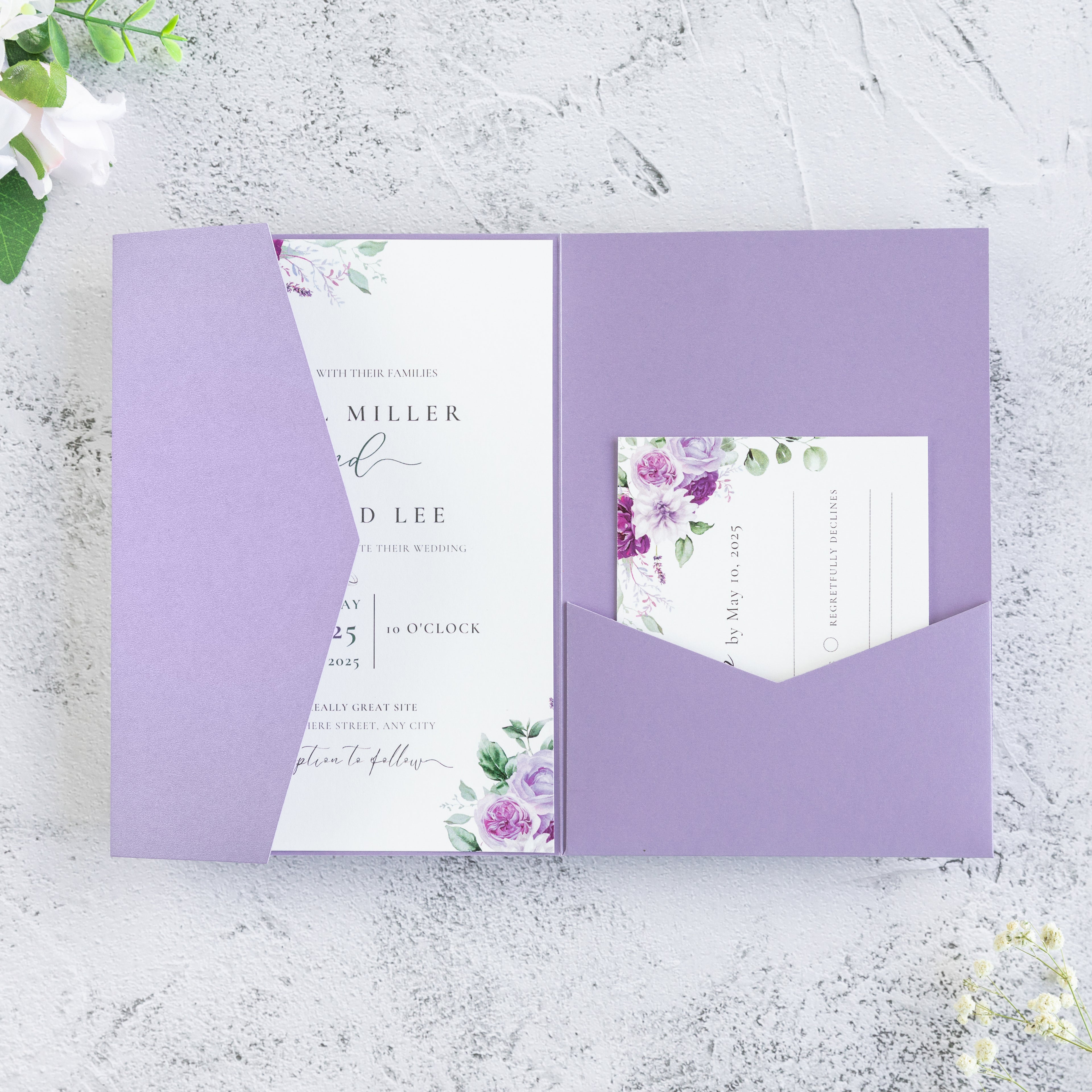 PONATIA 20 PCS Lilac Tri-fold Wedding Invitation Pockets for 5x7 Wedding Cards