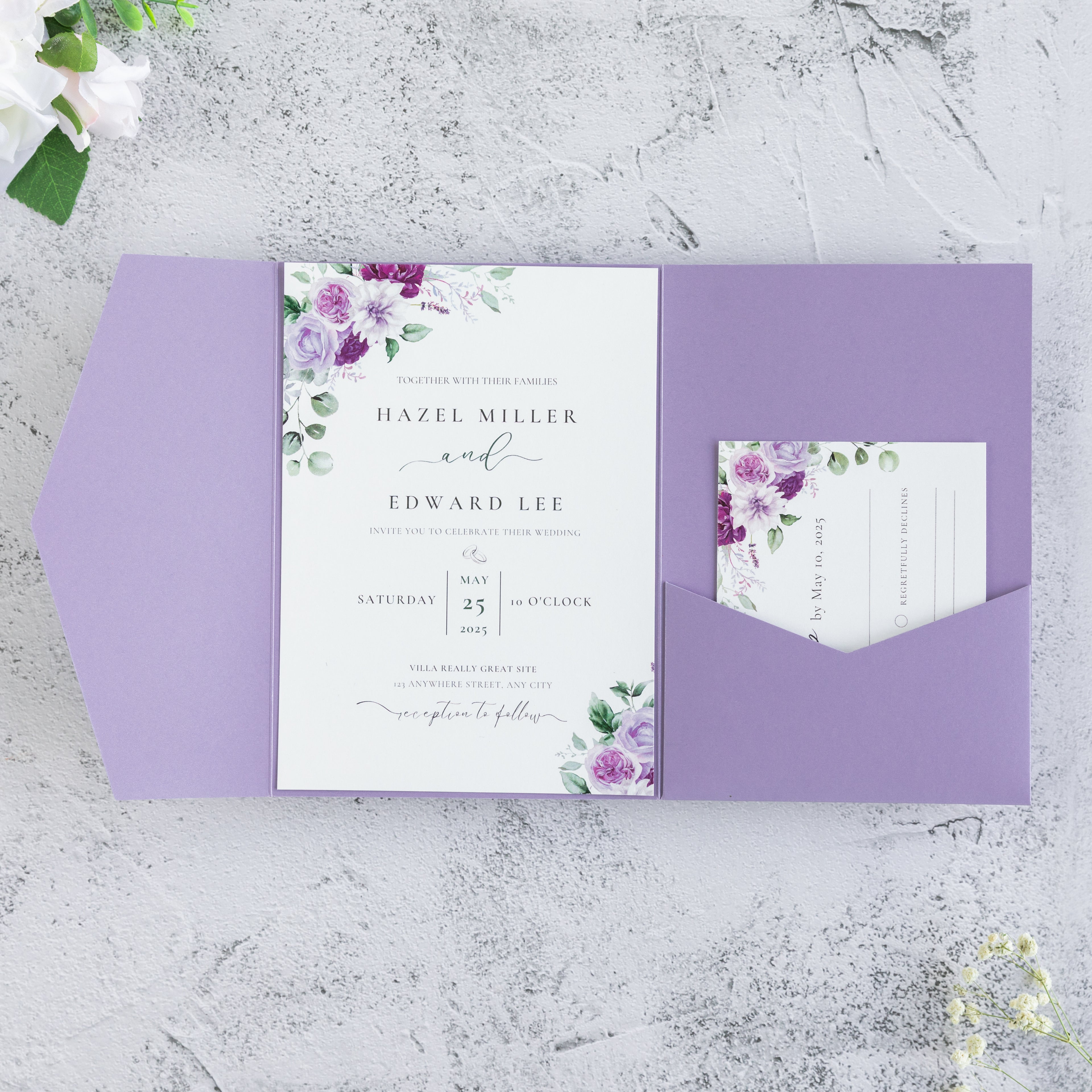PONATIA 20 PCS Lilac Tri-fold Wedding Invitation Pockets for 5x7 Wedding Cards