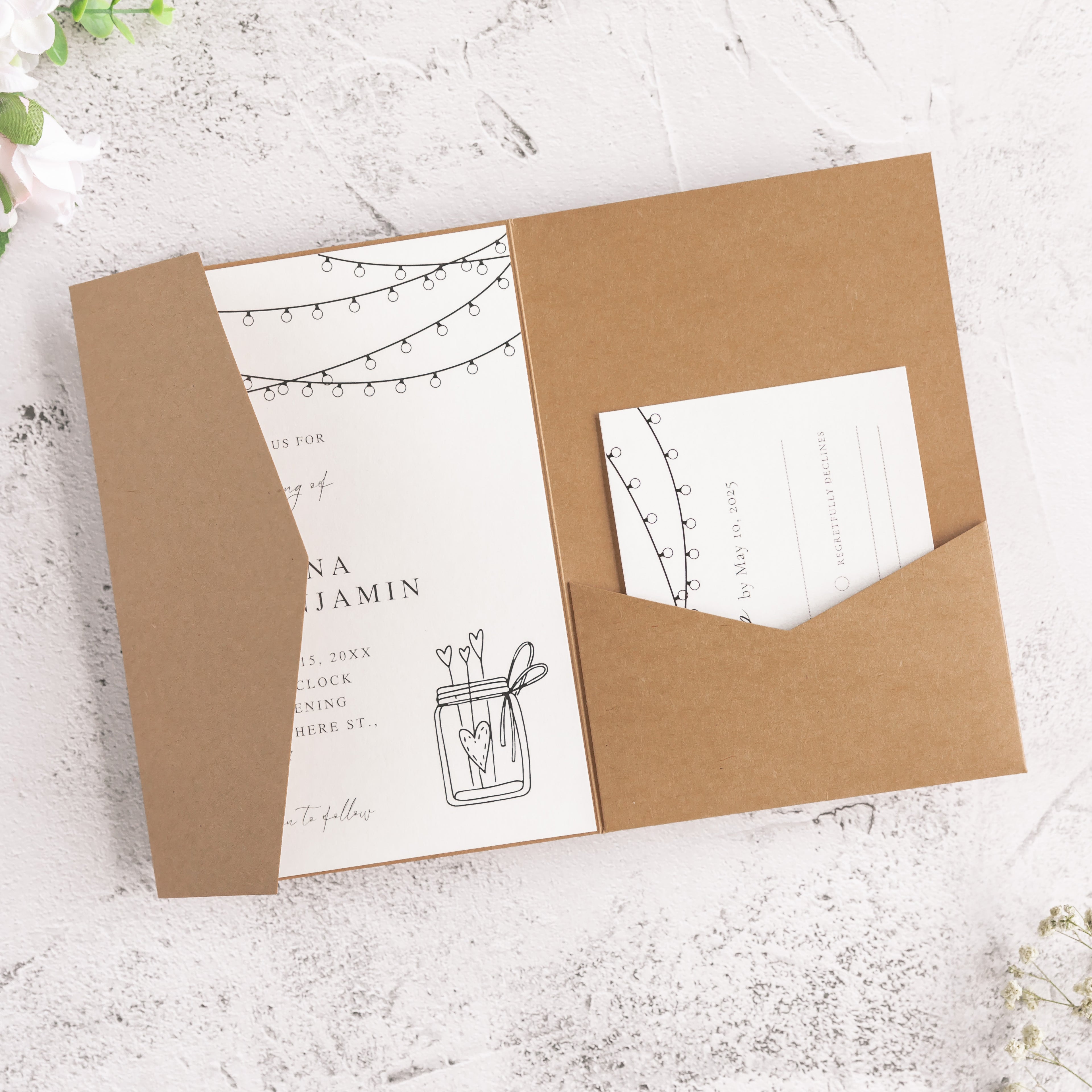 PONATIA 20 PCS Ivory Tri-fold Wedding Invitation Pockets for 5x7 Wedding Cards