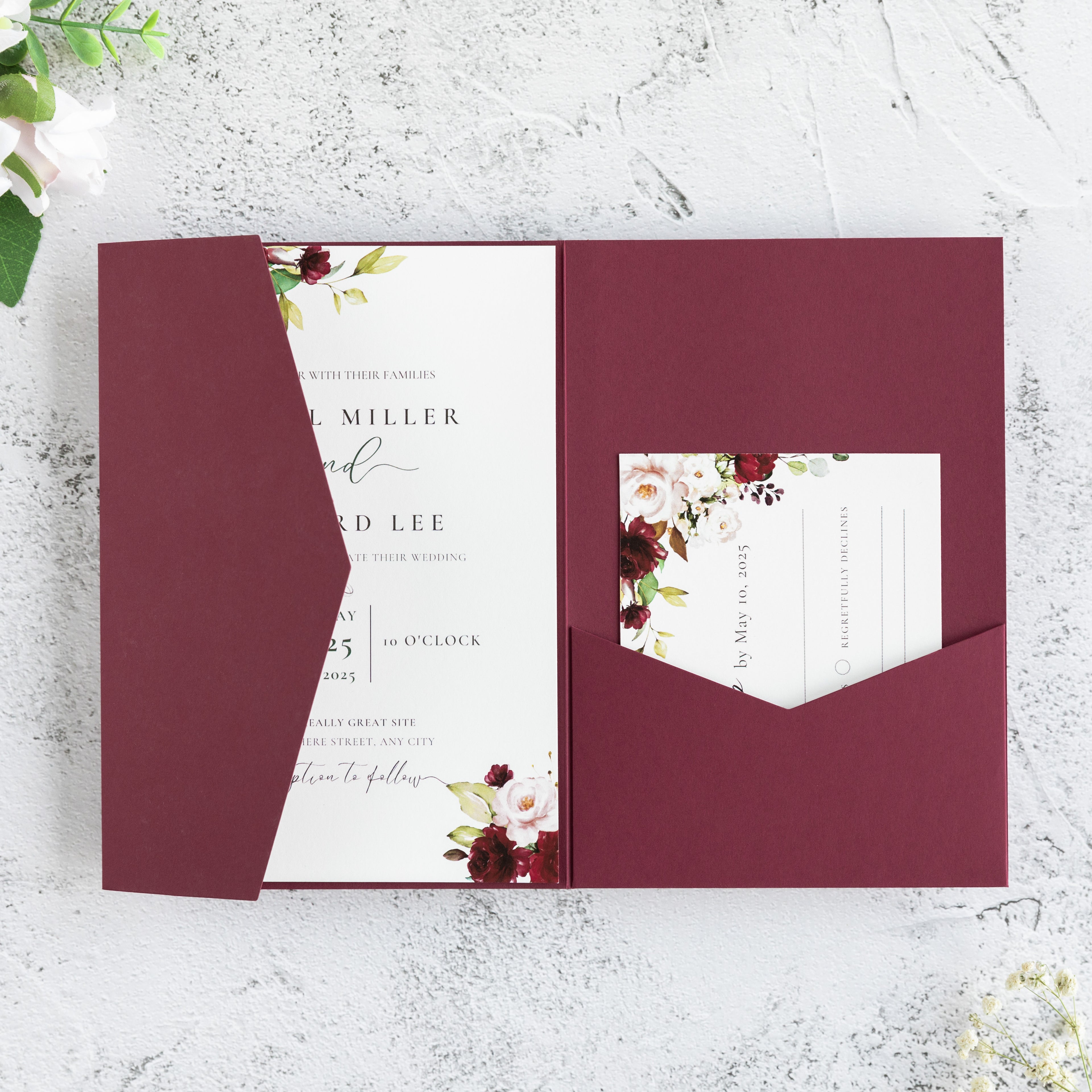 PONATIA 20 PCS Burgundy Tri-fold Wedding Invitation Pockets for 5x7 Wedding Cards