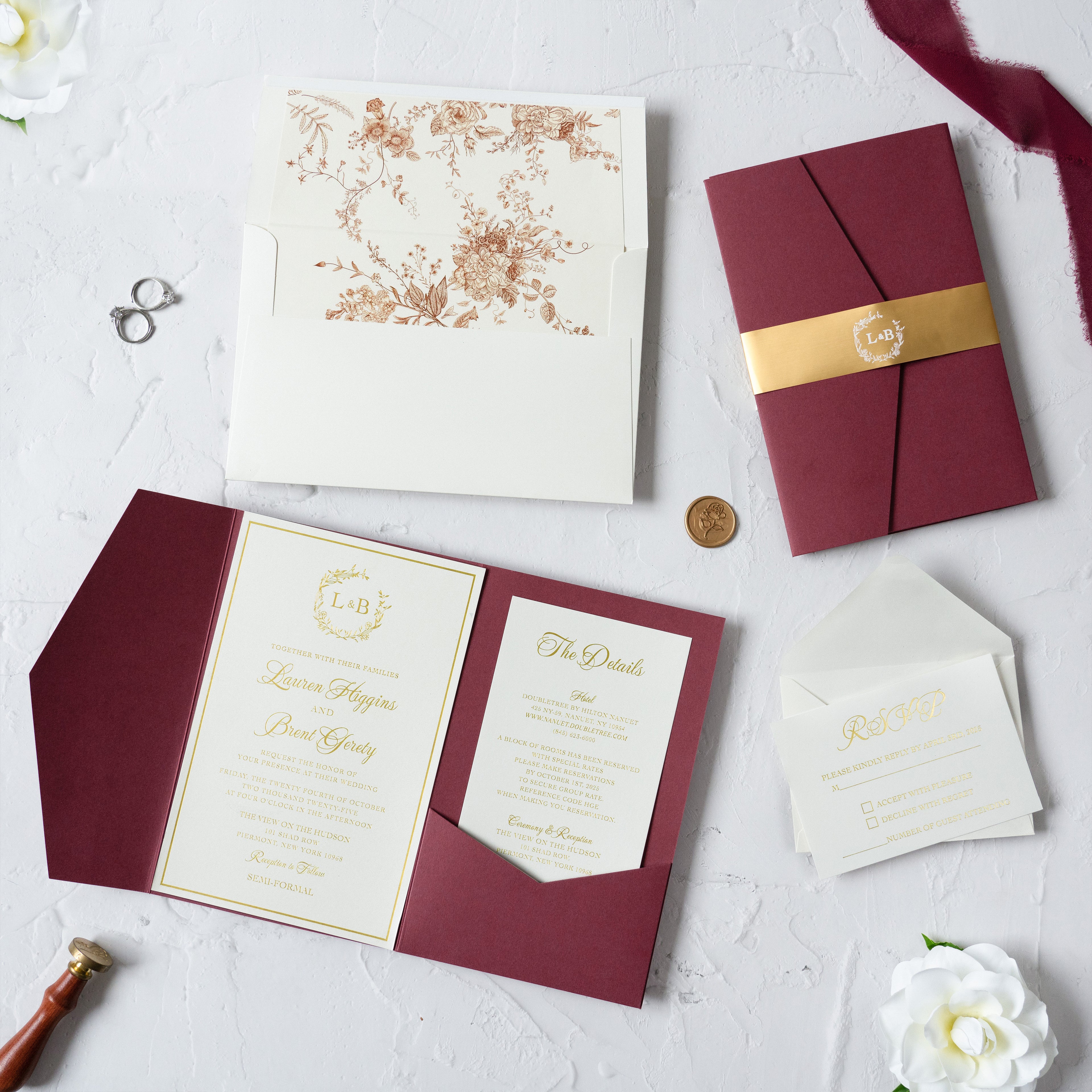 PONATIA Trifold Foil Print in Gold Burgundy Wedding Invitation Suite
