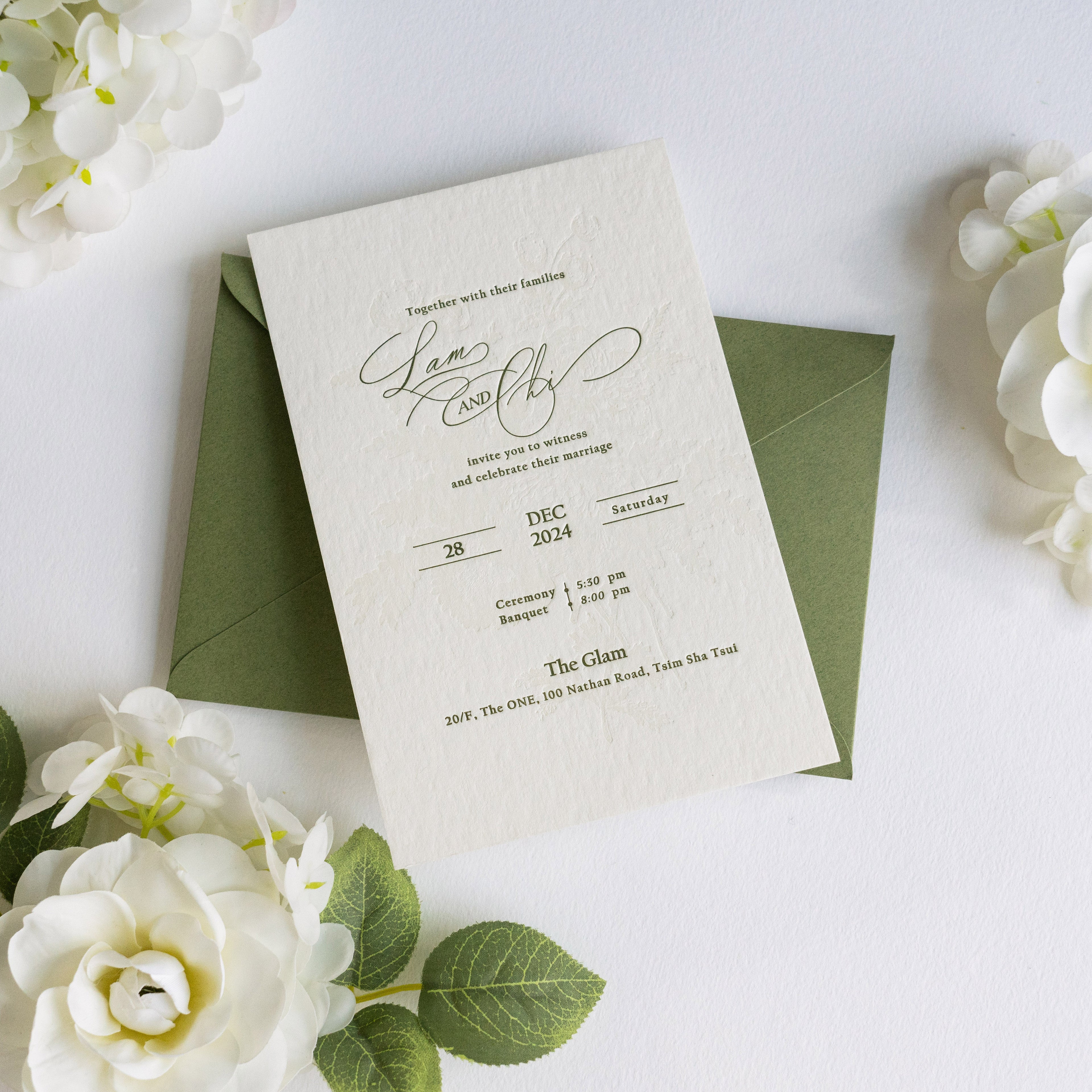 PONATIA  Olive Green Liner Envelopes with Letterpress Floral Wedding Invitation Card