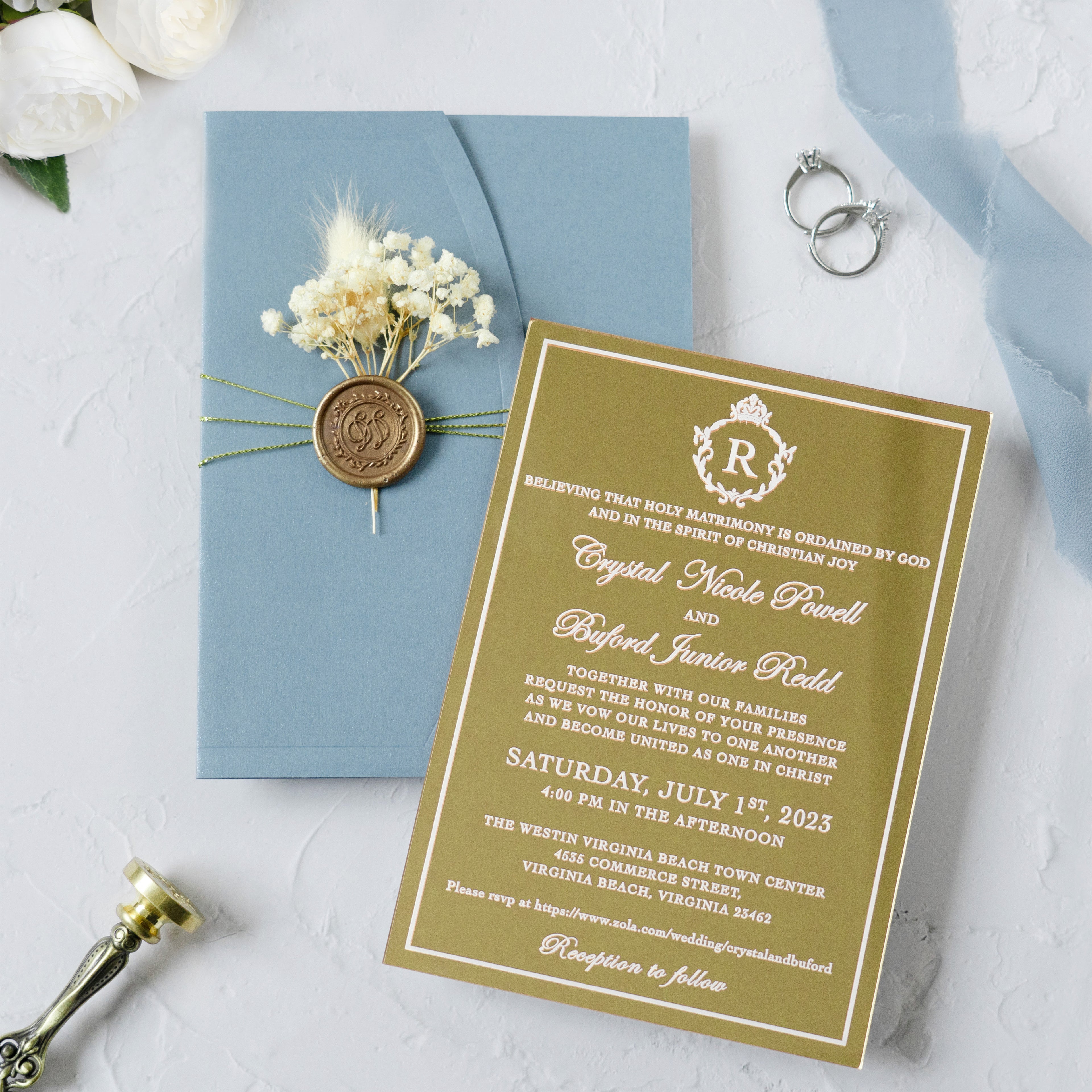 PONATIA Gold Mirror Acrylic Dusty Blue Wedding Invitation Suite