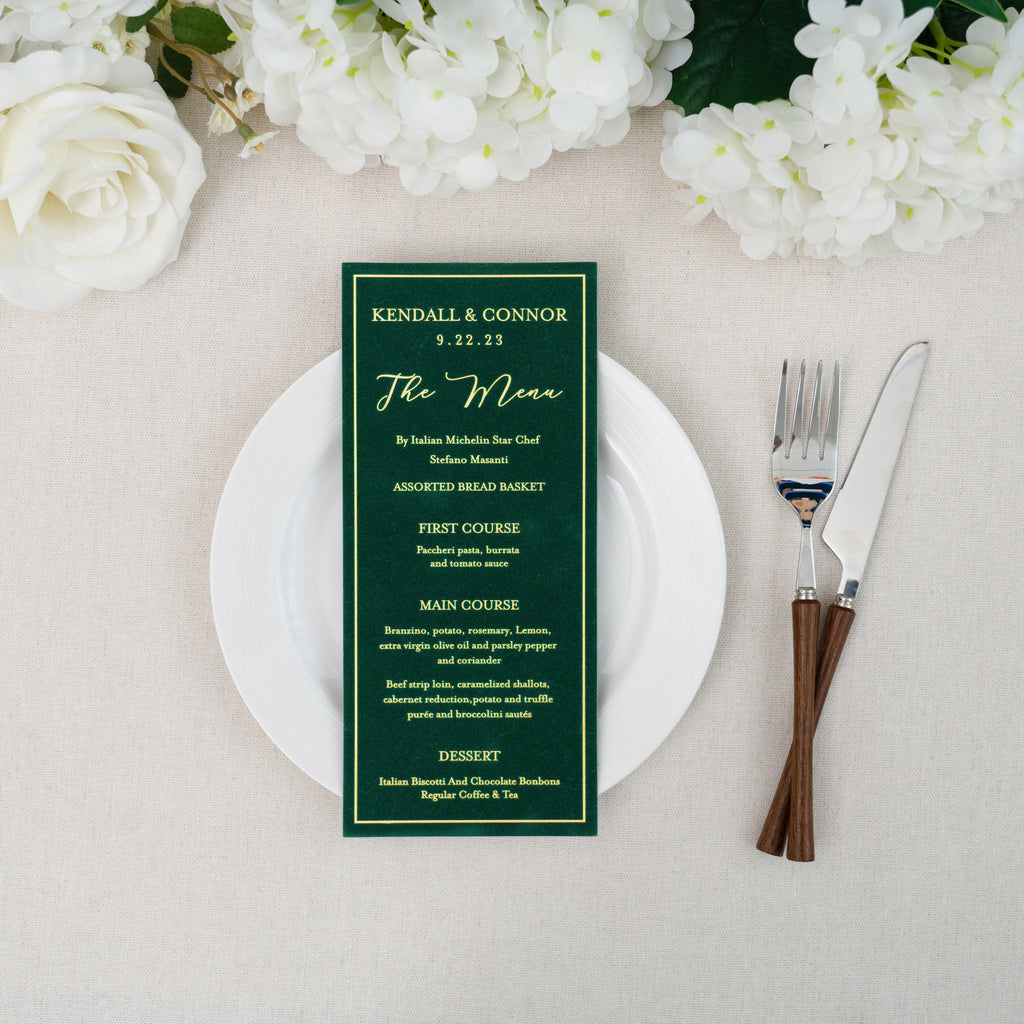 PONATIA Emerald Green Velvet Foil Print in Gold Wedding Menu