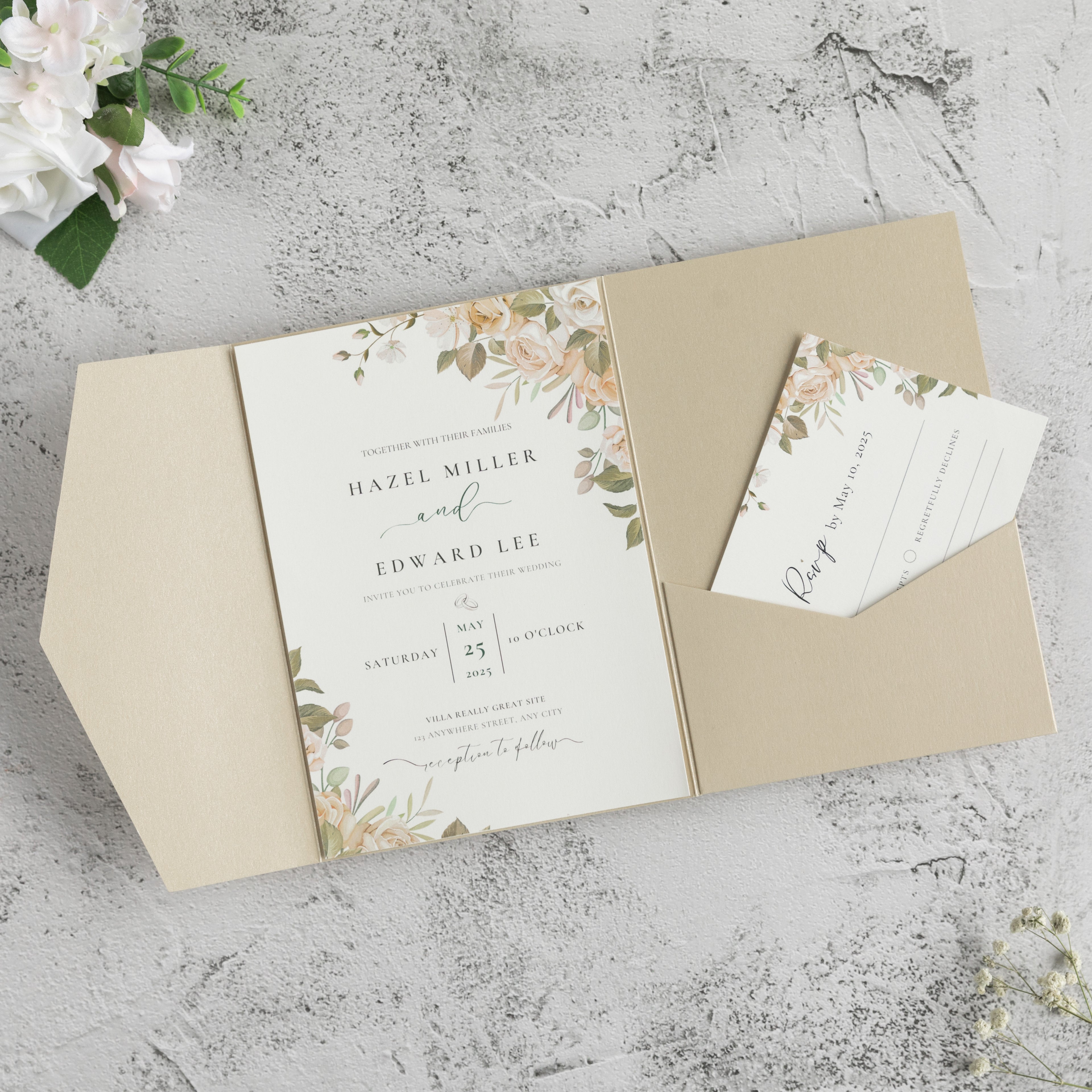 PONATIA 20 PCS Champagne Tri-fold Wedding Invitation Pockets for 5x7 Wedding Cards