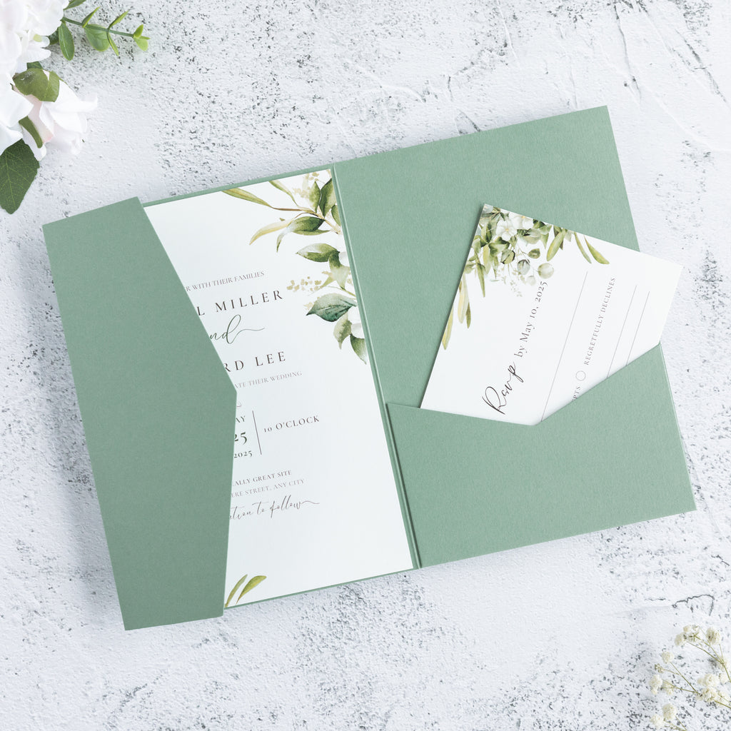 PONATIA 20 PCS Sage Green Tri-fold Wedding Invitation Pockets for 5x7 Wedding Cards
