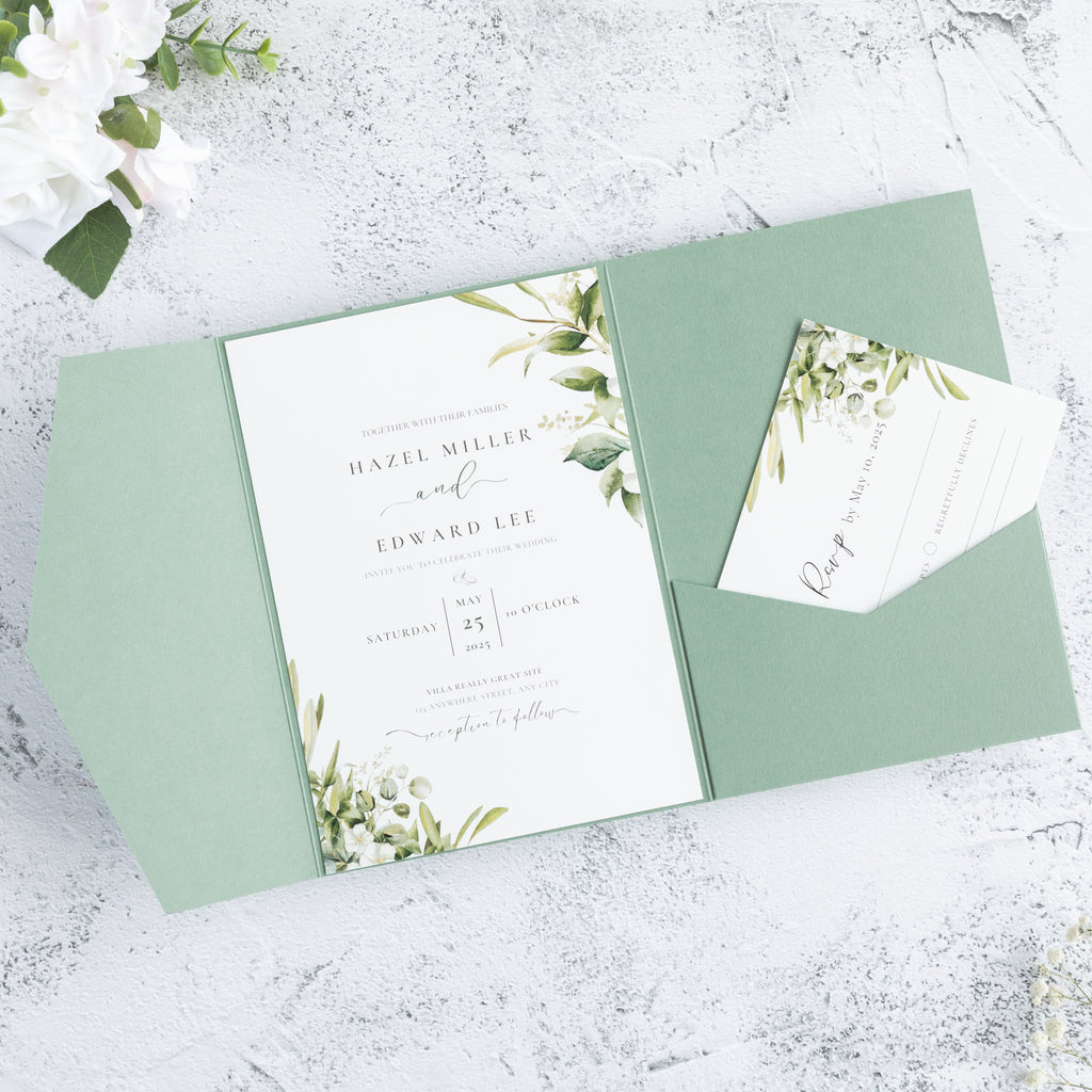PONATIA 20 PCS Sage Green Tri-fold Wedding Invitation Pockets for 5x7 Wedding Cards