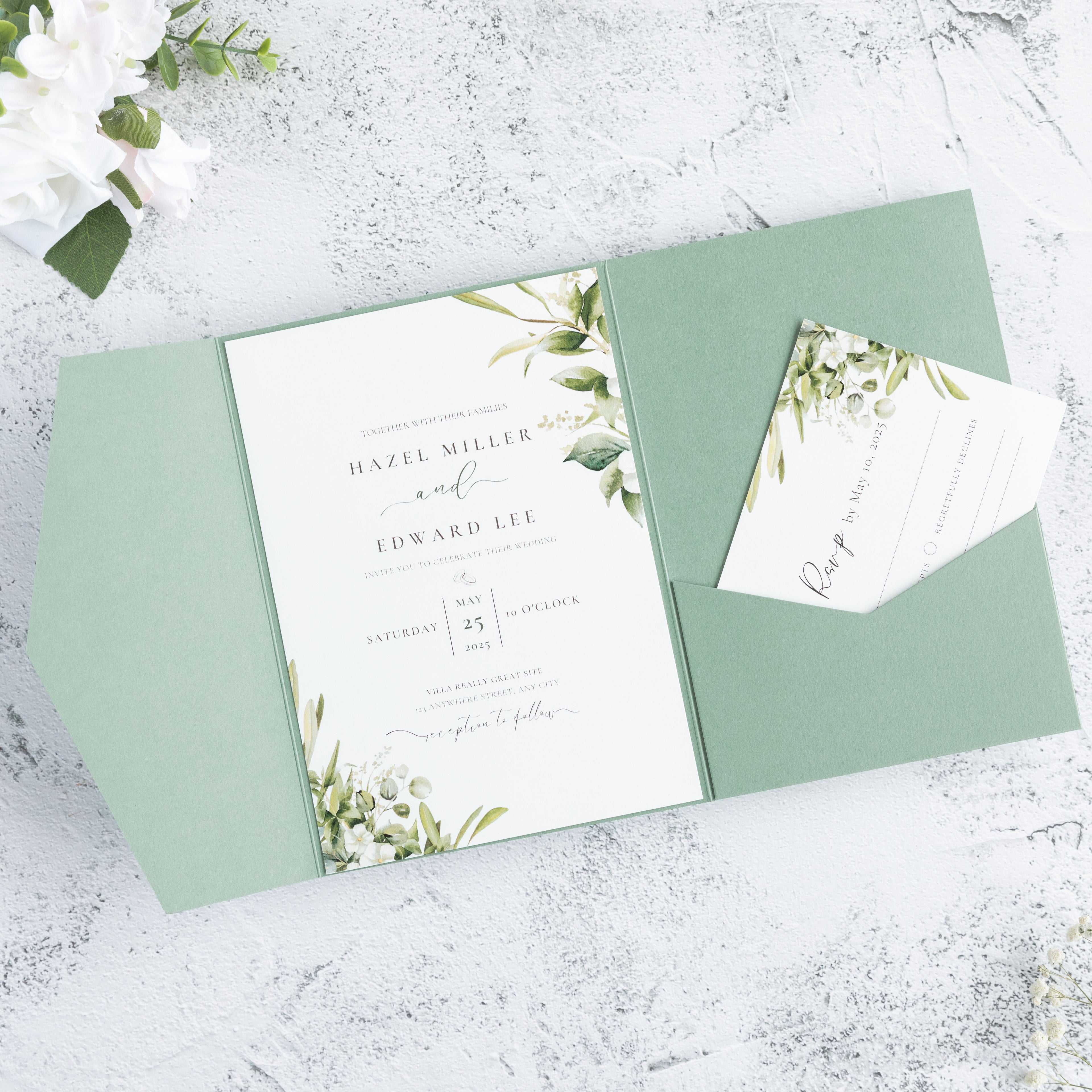 PONATIA 20 PCS Sage Green Tri-fold Wedding Invitation Pockets for 5x7 Wedding Cards