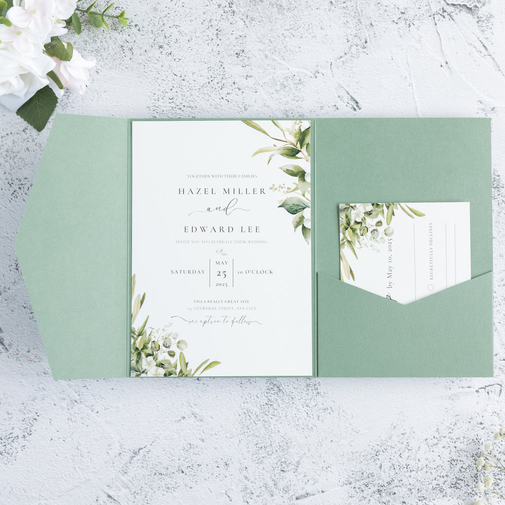 PONATIA 20 PCS Sage Green Tri-fold Wedding Invitation Pockets for 5x7 Wedding Cards