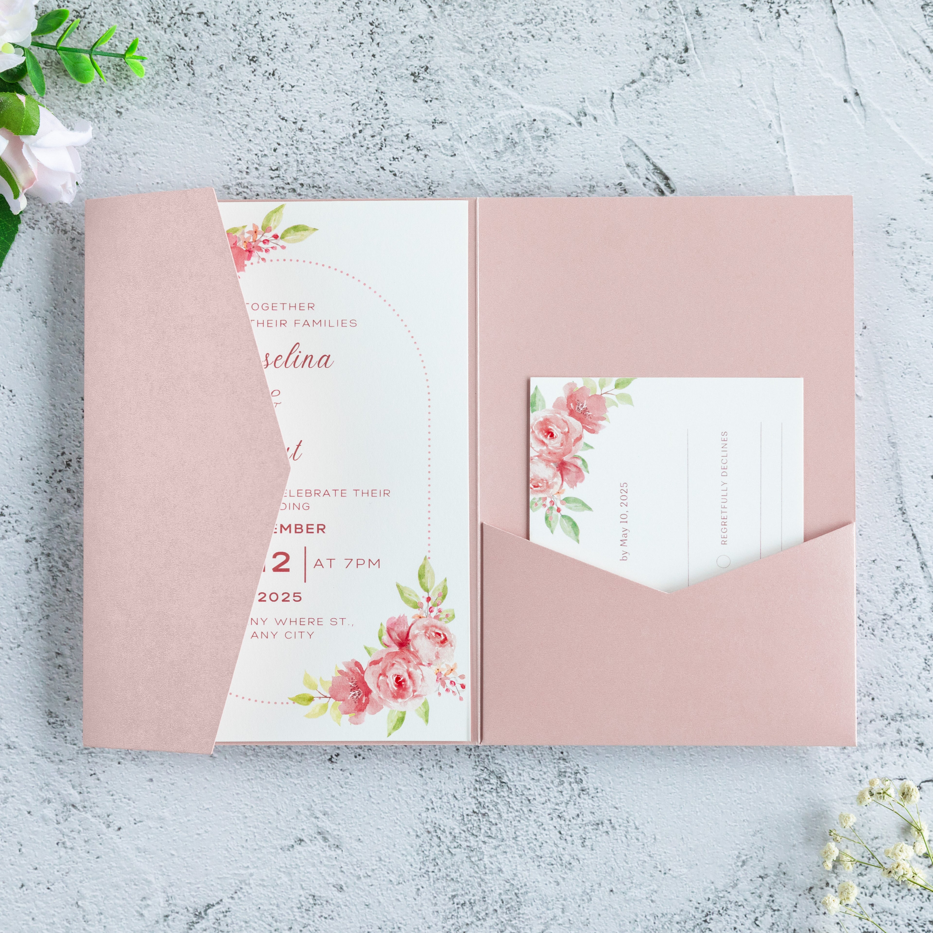 PONATIA 20 PCS Blush Pink Tri-fold Wedding Invitation Pockets for 5x7 Wedding Cards