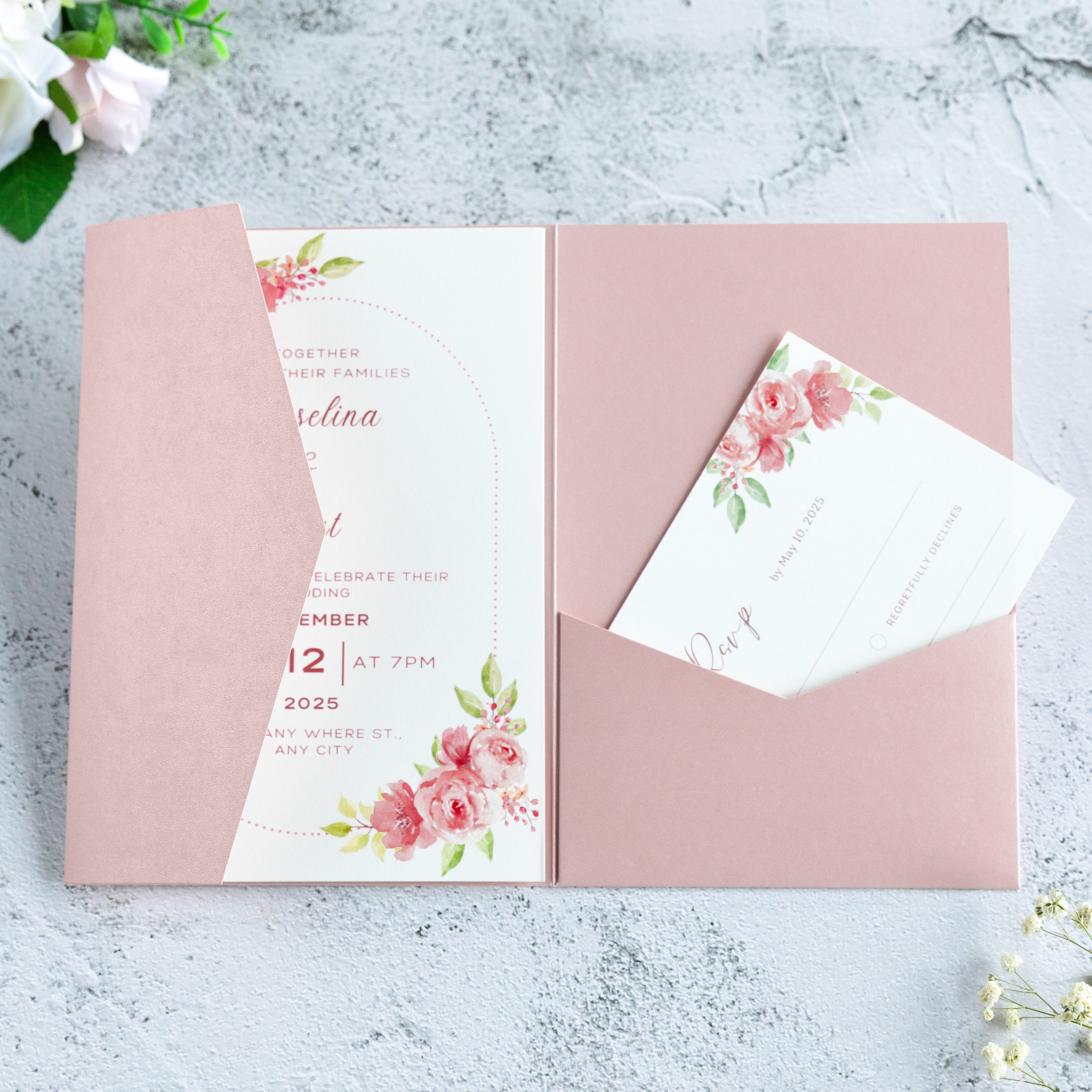 PONATIA 20 PCS Blush Pink Tri-fold Wedding Invitation Pockets for 5x7 Wedding Cards