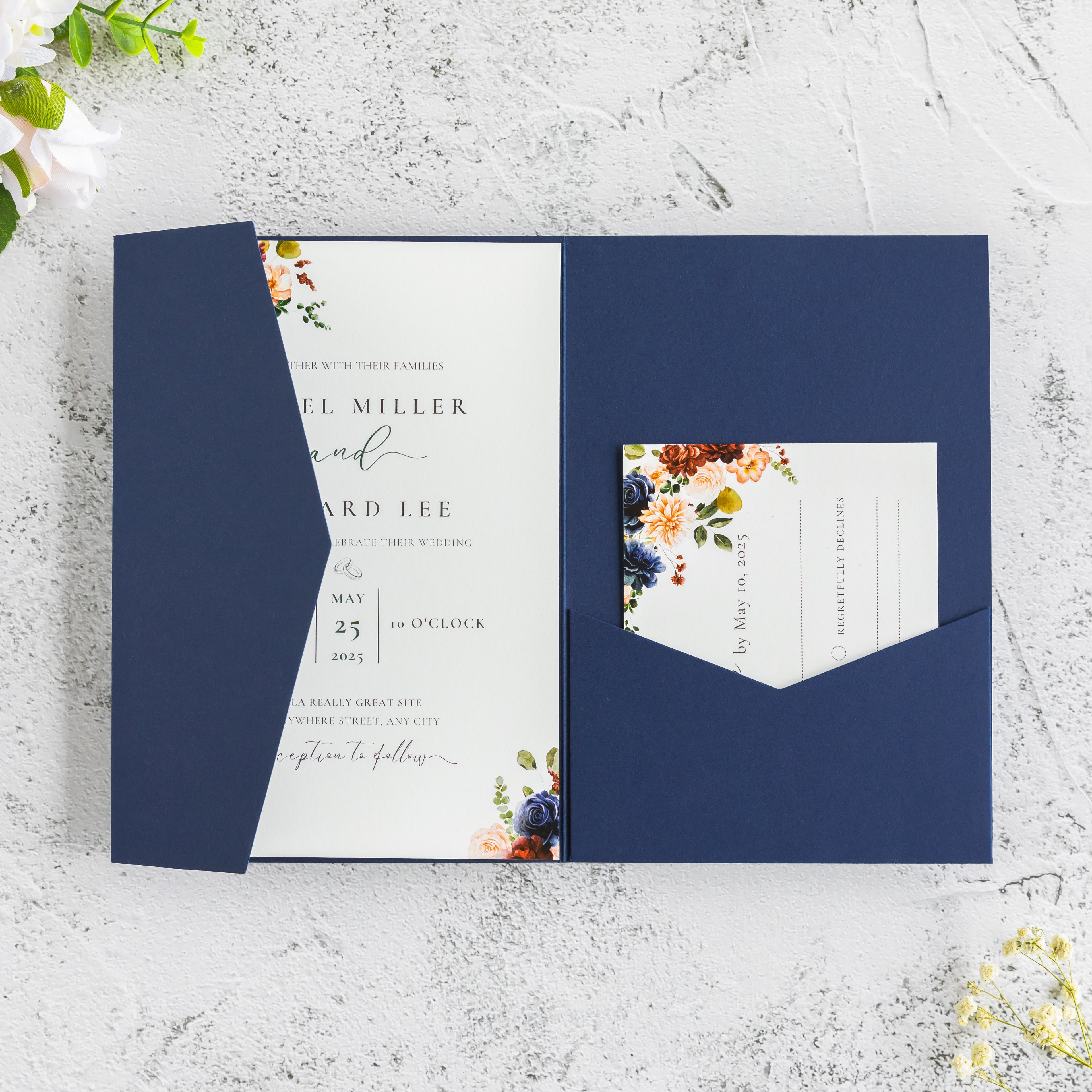 PONATIA 20 PCS Navy Blue Tri-fold Wedding Invitation Pockets for 5x7 Wedding Cards